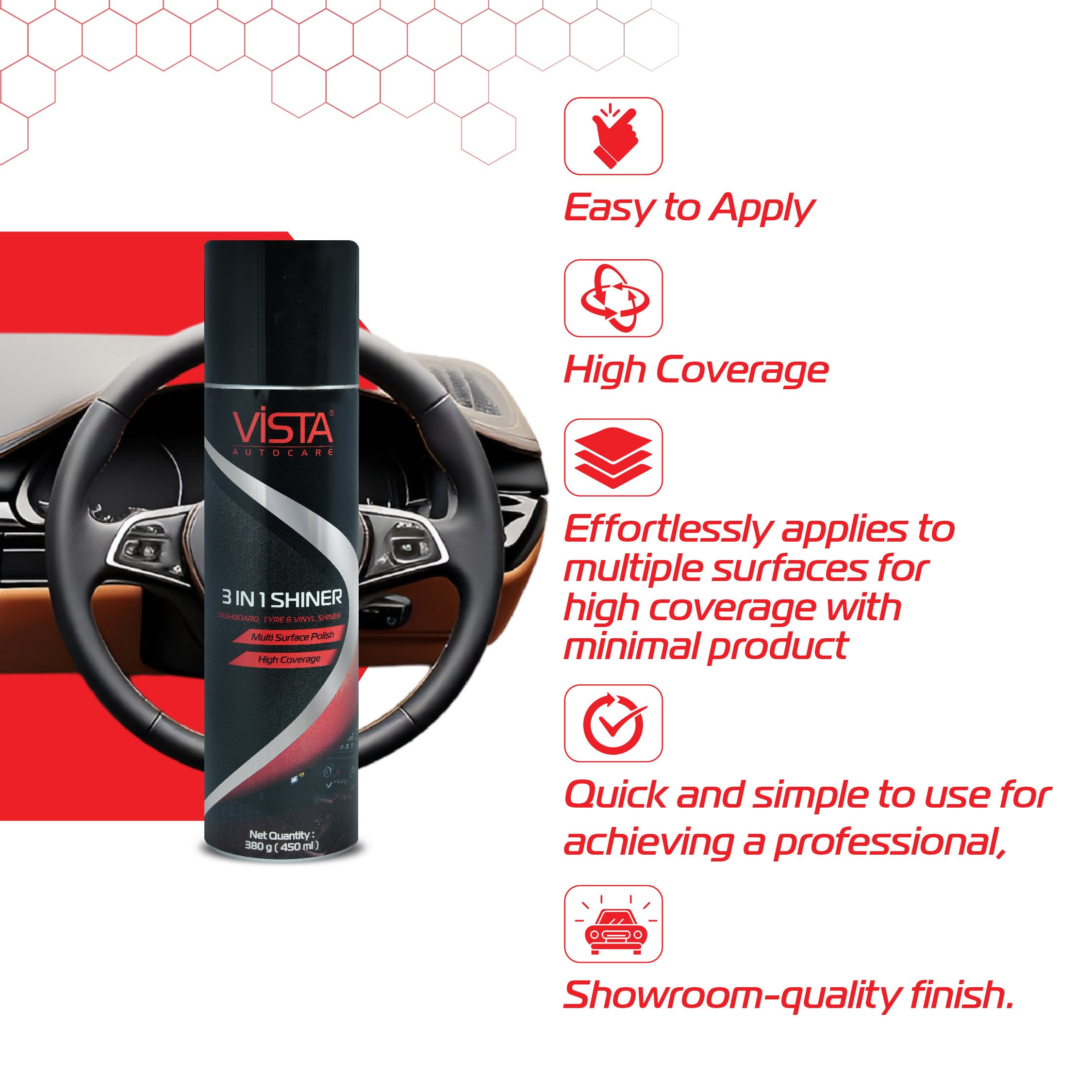 3 in 1 Shiner 450 ml | Foam-Based Dashboard, Tyre, Vinyl & Bumper Polish | Multi-Surface Car Shine Spray