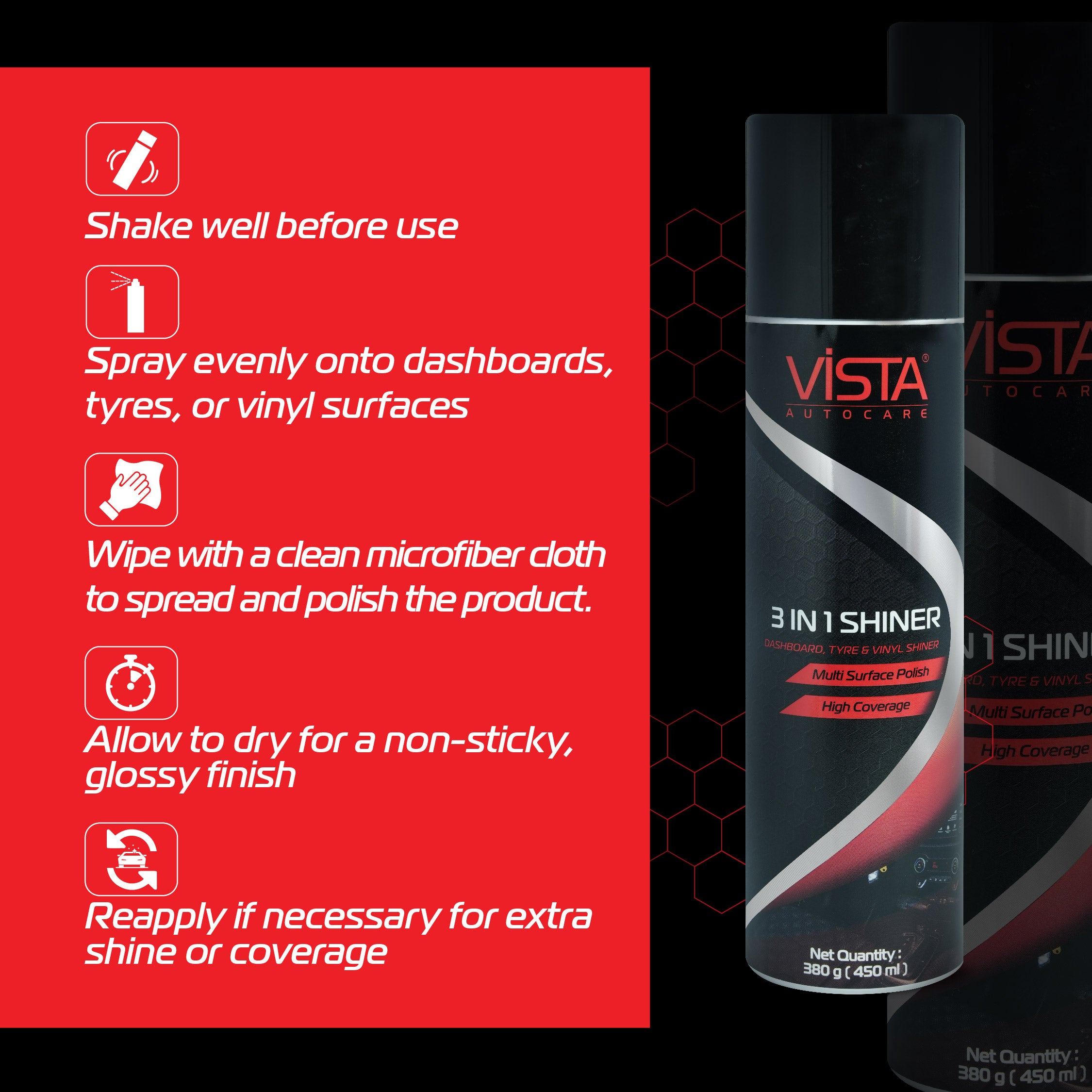 3 in 1 Shiner 450 ml | Foam-Based Dashboard, Tyre, Vinyl & Bumper Polish | Multi-Surface Car Shine Spray