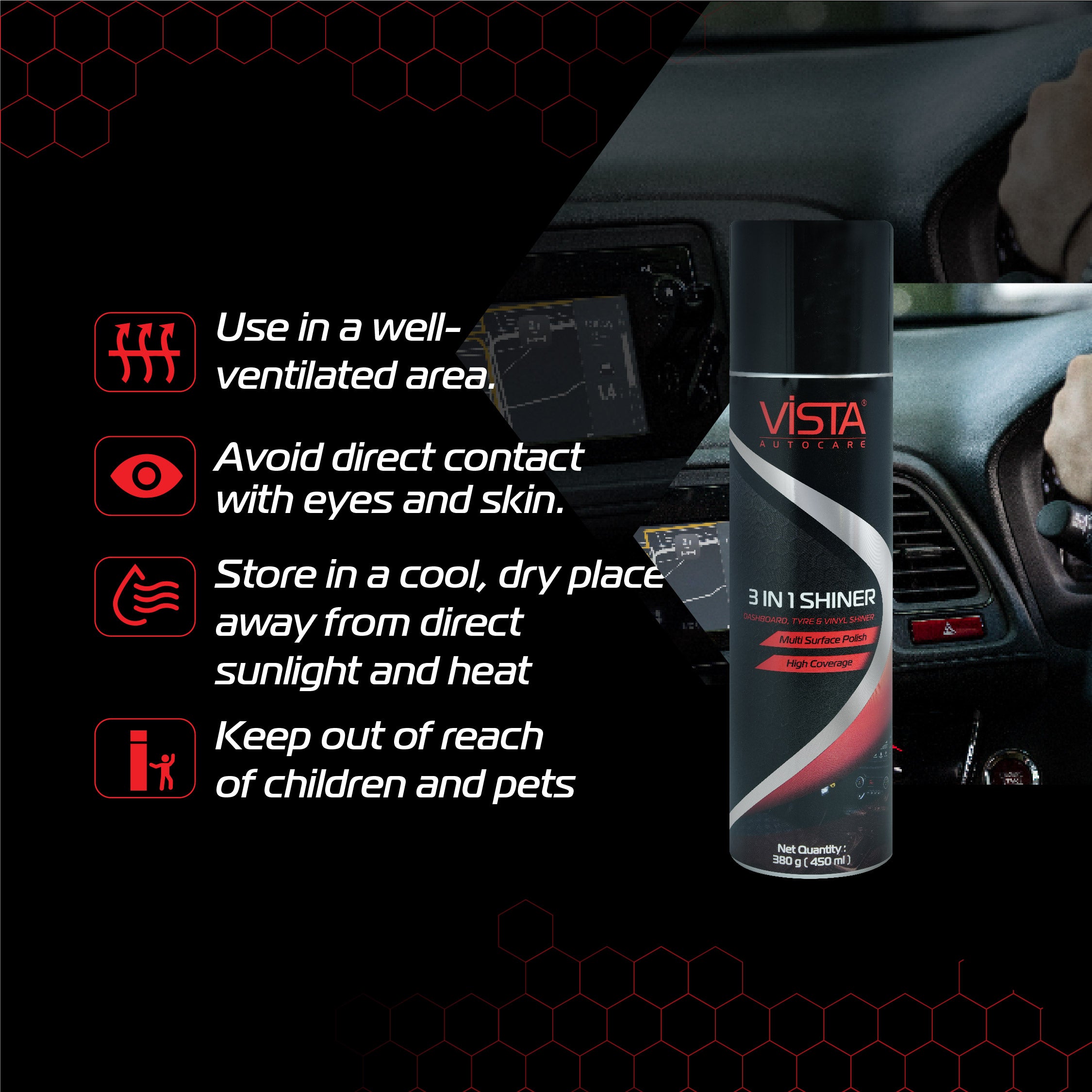 3 in 1 Shiner 450 ml | Foam-Based Dashboard, Tyre, Vinyl & Bumper Polish | Multi-Surface Car Shine Spray