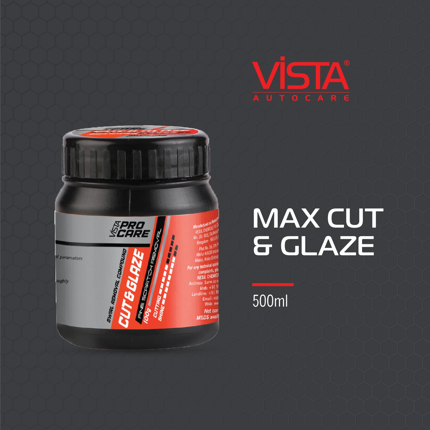 Specifically formulated to remove P1200 + sanding marks, Vista Max Cut & Glaze goes a great way in removing sanding marks and deep surface imperfections. A powerful scratch remover, it offers excellent gliding properties for maximum coverage, leaving no residual powder. It ensure paint buff on newly painted surfaces and also is a perfect solution for micro scratches.