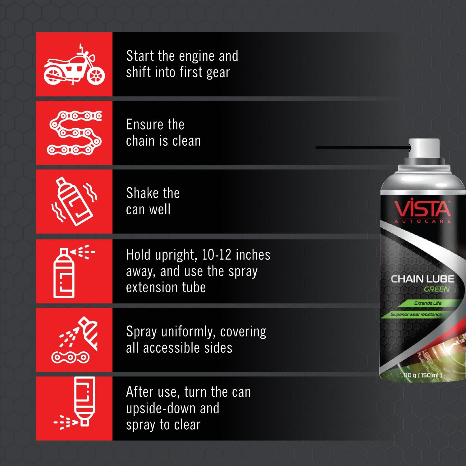 Introducing our Cutting-Edge Green Color Bike and Motorcycle Chain Lube - Visibility Redefined!
Elevate your biking and motorcycling adventures with our revolutionary Green Color Chain Lube. Born from innovation, this exceptional lubricant goes beyond standard chain lubes, introducing a game-changing feature that sets it apart.