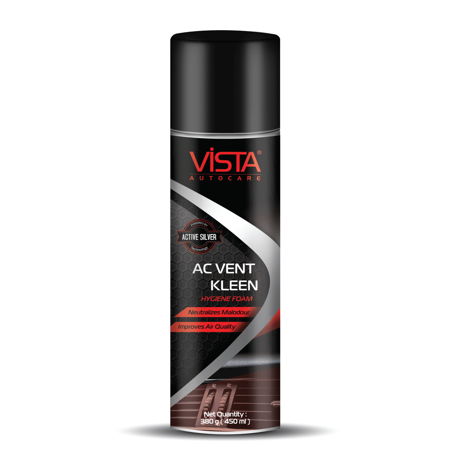 A can of Vista AC Vent Kleen, which is a car air conditioning cleaner with active silver nano technology.