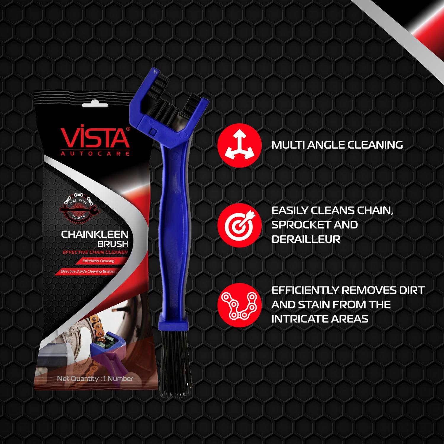 Vista Auto Care Chain Cleaner Brush, your ultimate tool for maintaining a spotless and efficient bike and bicycle chain. Keep your ride smooth and extend the life of your chain with our top-of-the-line cleaning solution.