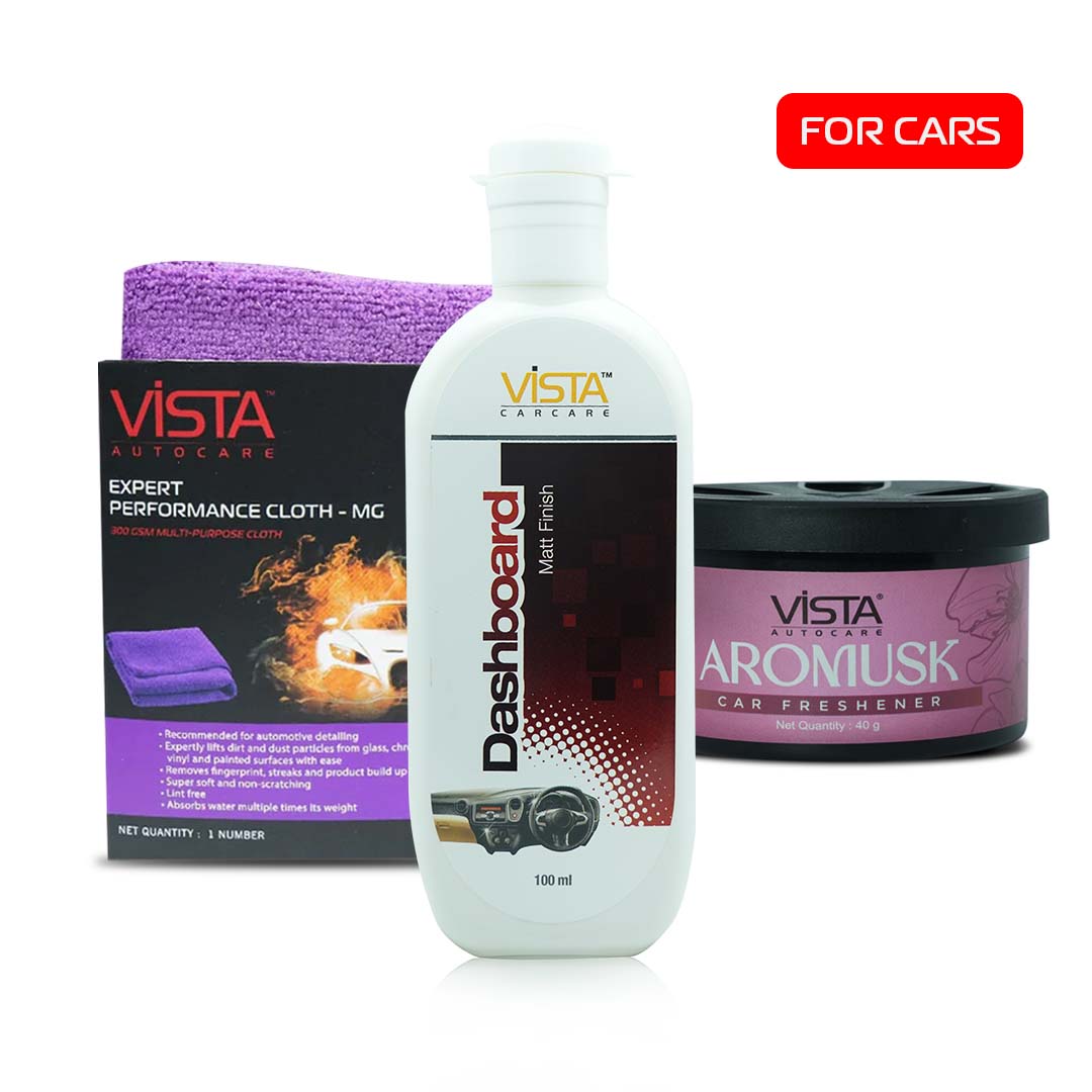 Vista car care products including a dashboard cleaner, microfiber cloth, and car freshener on a white background.