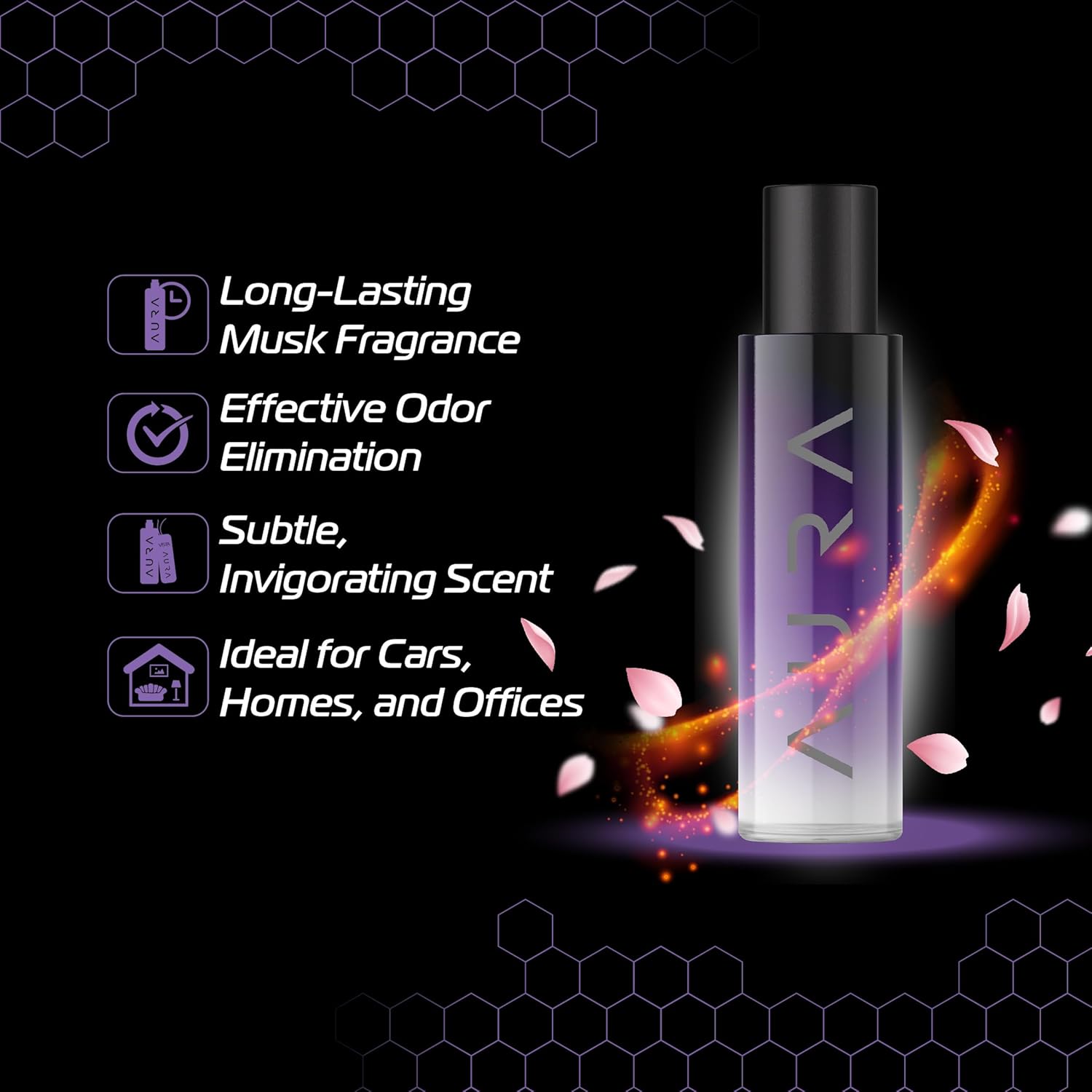 Vera fragrance bottle with features listed on a black background