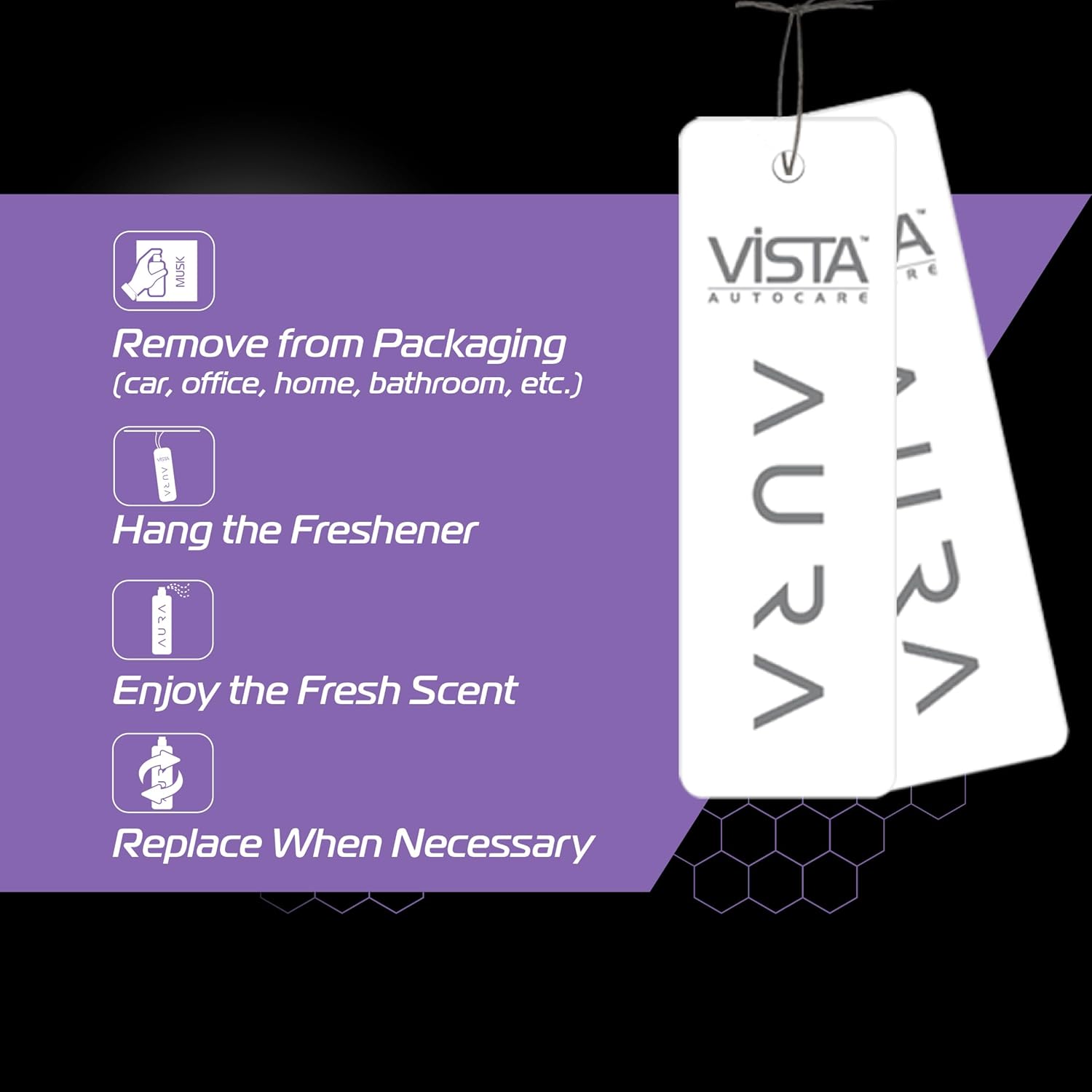 Vista Autocare Aura air freshener tag with usage instructions on a purple background