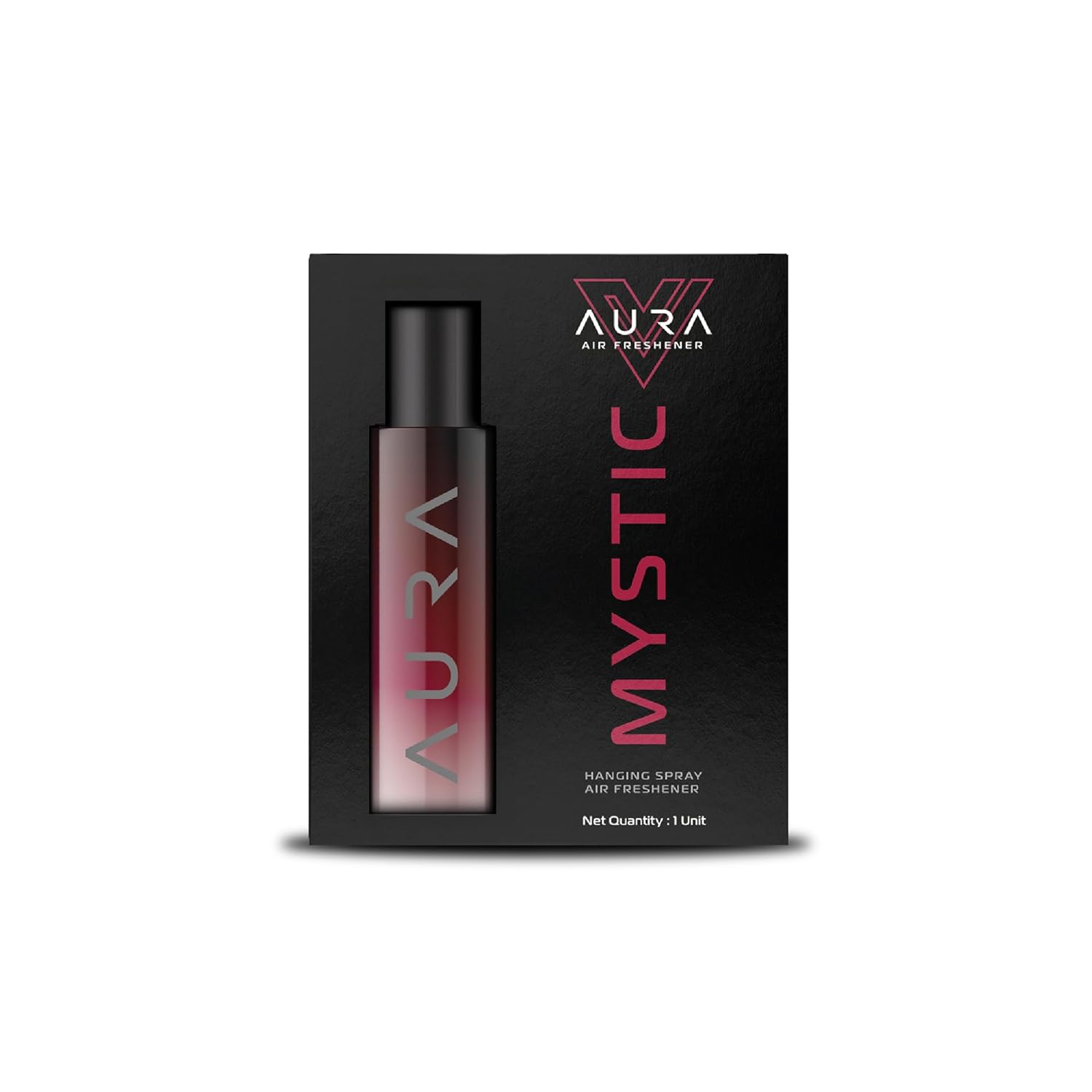 A product image featuring the Vista Aura Hanging Air Freshener in Mystic variant, displaying the 30 ml spray bottle with a pink label and the packaging box with the product name and the number of sprays.