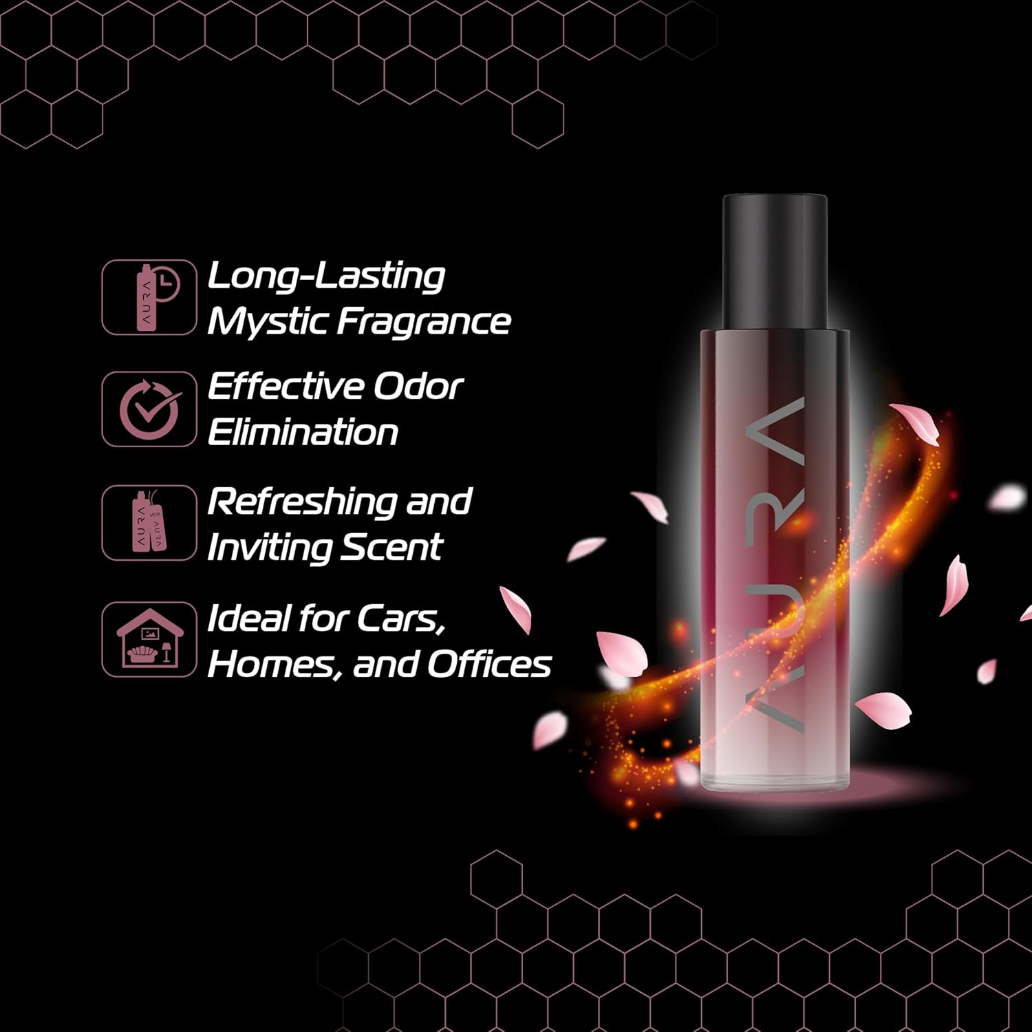 Aura perfume bottle with product features on a black background