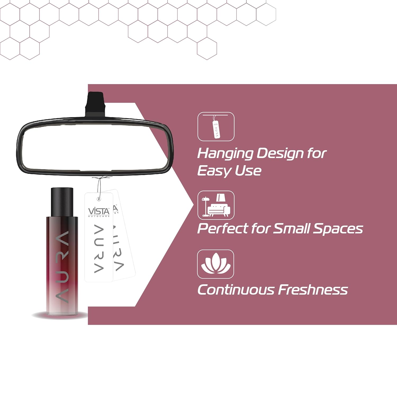 Car air freshener with mirror holder and product details on a white background