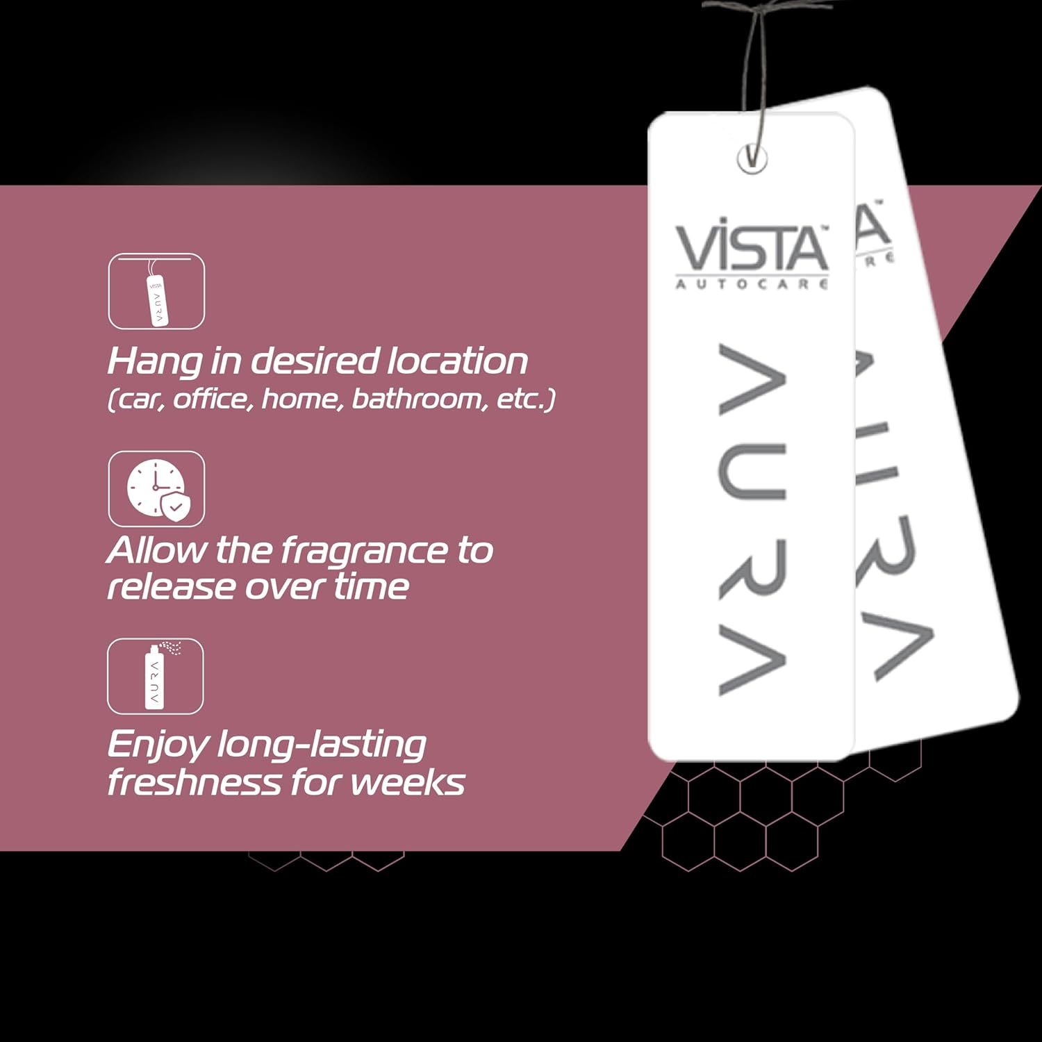 Vista Autocare Aura air freshener tag with usage instructions on a dark background