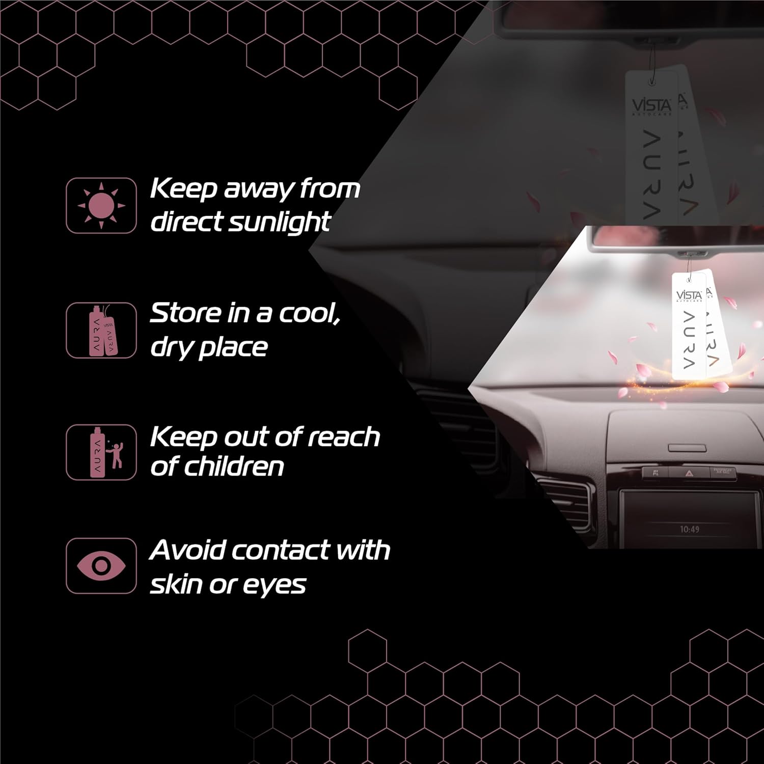 Vista Aura air freshener in a car with safety instructions on a black background