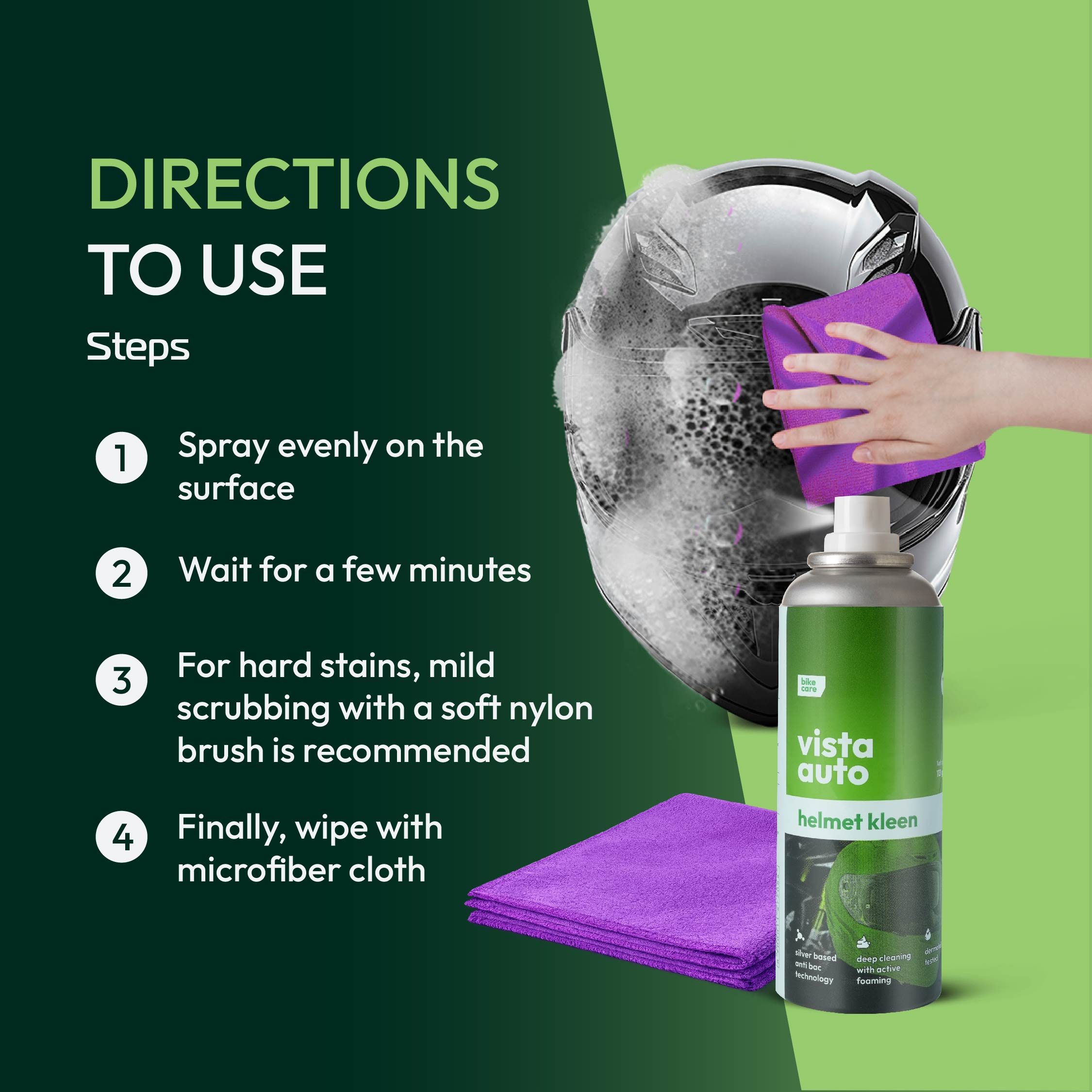 Helmet Cleaner Combo | Helmet Kleen Spray 125ml + Microfiber Cloth | Silver-Based Antibacterial | Deep Foam Cleaning | Streak & Lint-Free Finish | Dermatologically Tested