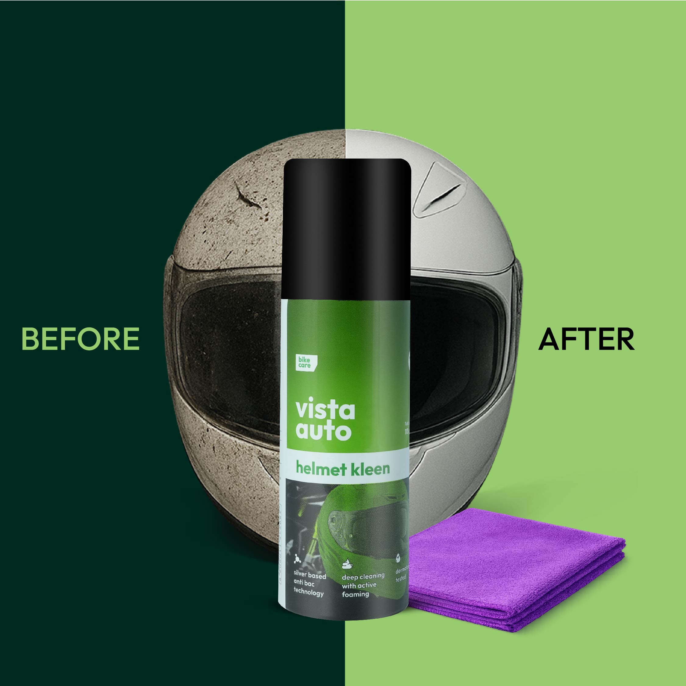Helmet Cleaner Combo | Helmet Kleen Spray 125ml + Microfiber Cloth | Silver-Based Antibacterial | Deep Foam Cleaning | Streak & Lint-Free Finish | Dermatologically Tested