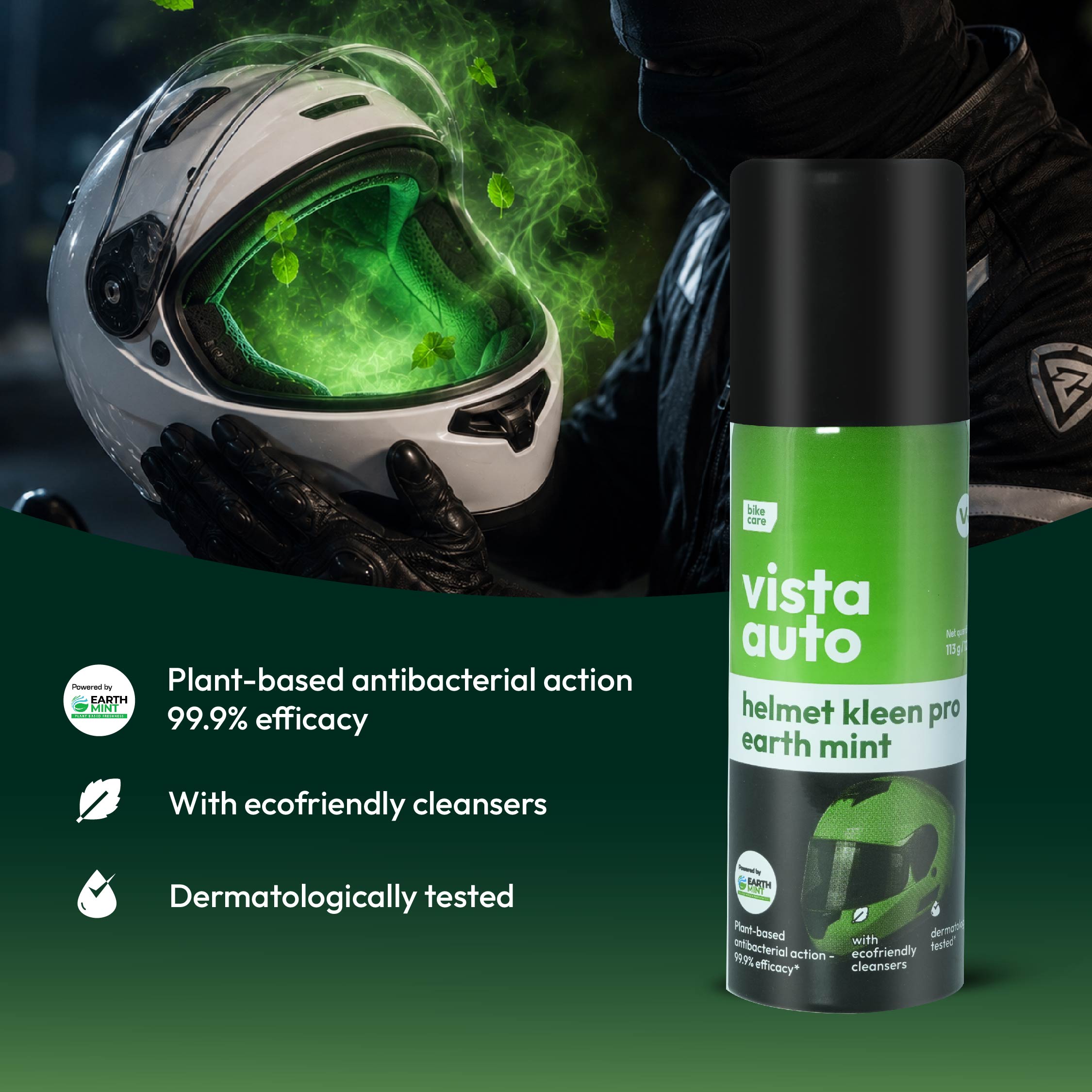 Helmet Kleen Pro – Earth Mint 125 ml | Helmet Cleaner Spray for Bike Helmets | Helmet Deodorizer | Removes Sweat Smell | Antibacterial Helmet Freshener | Natural Plant-Based Formula