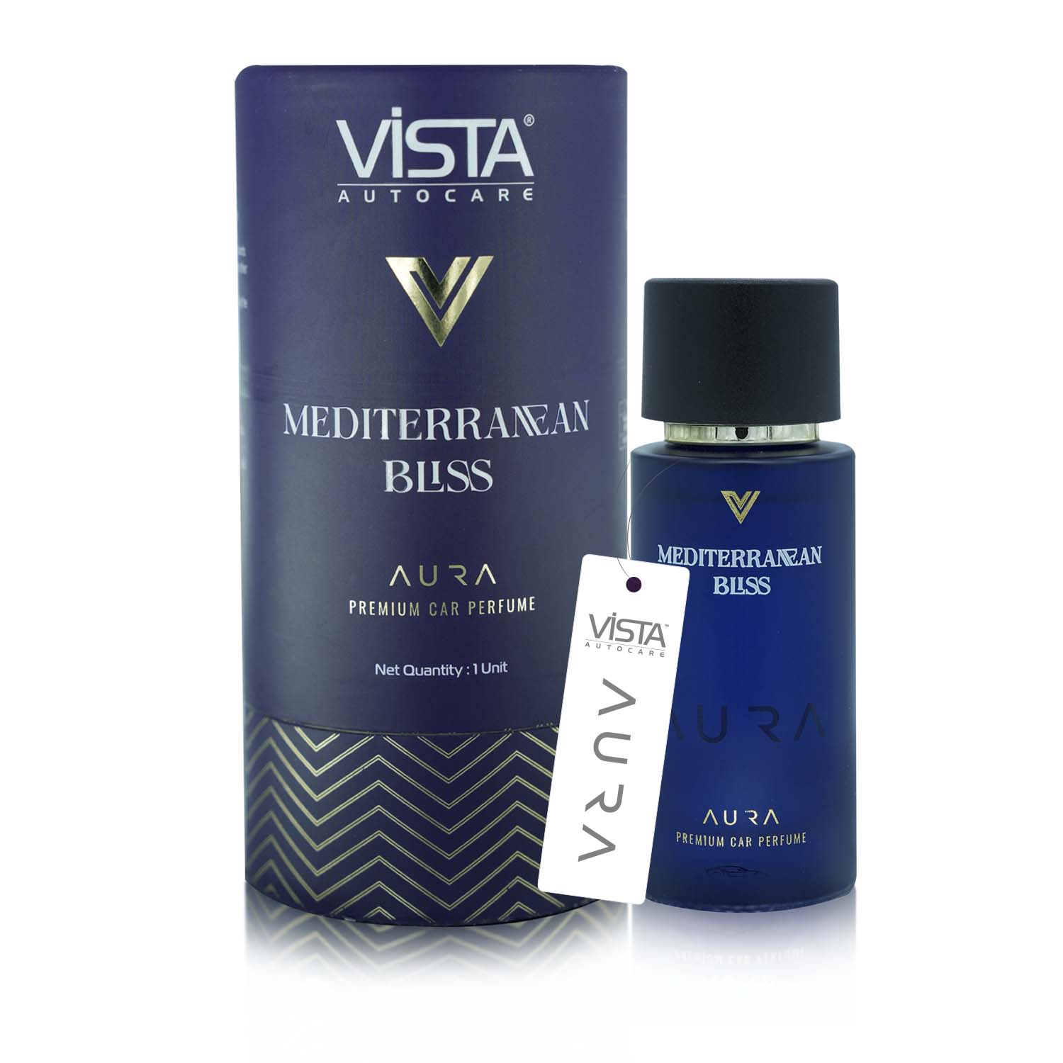 Vista Aura Premium Car Perfume - Mediterranean Bliss 50 ml with 2 Hanging Boards | Long Lasting Car Air Freshener Luxury Perfume | 600+ Sprays | Hanging Freshener