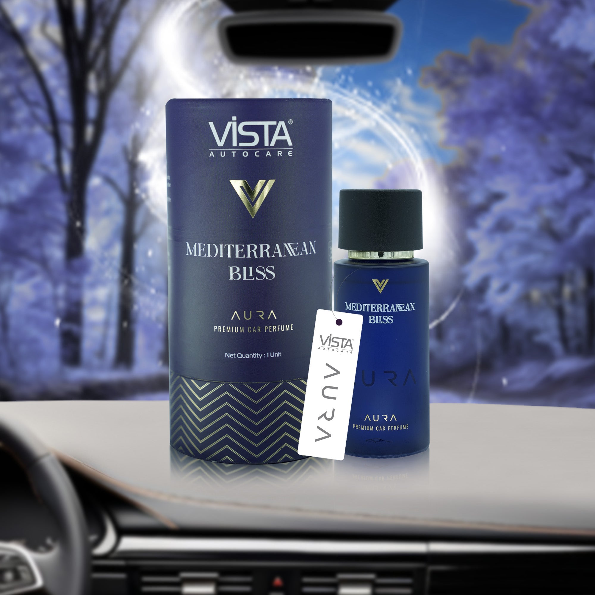 Vista Aura Premium Car Perfume - Mediterranean Bliss 50 ml with 2 Hanging Boards | Long Lasting Car Air Freshener Luxury Perfume | 600+ Sprays | Hanging Freshener