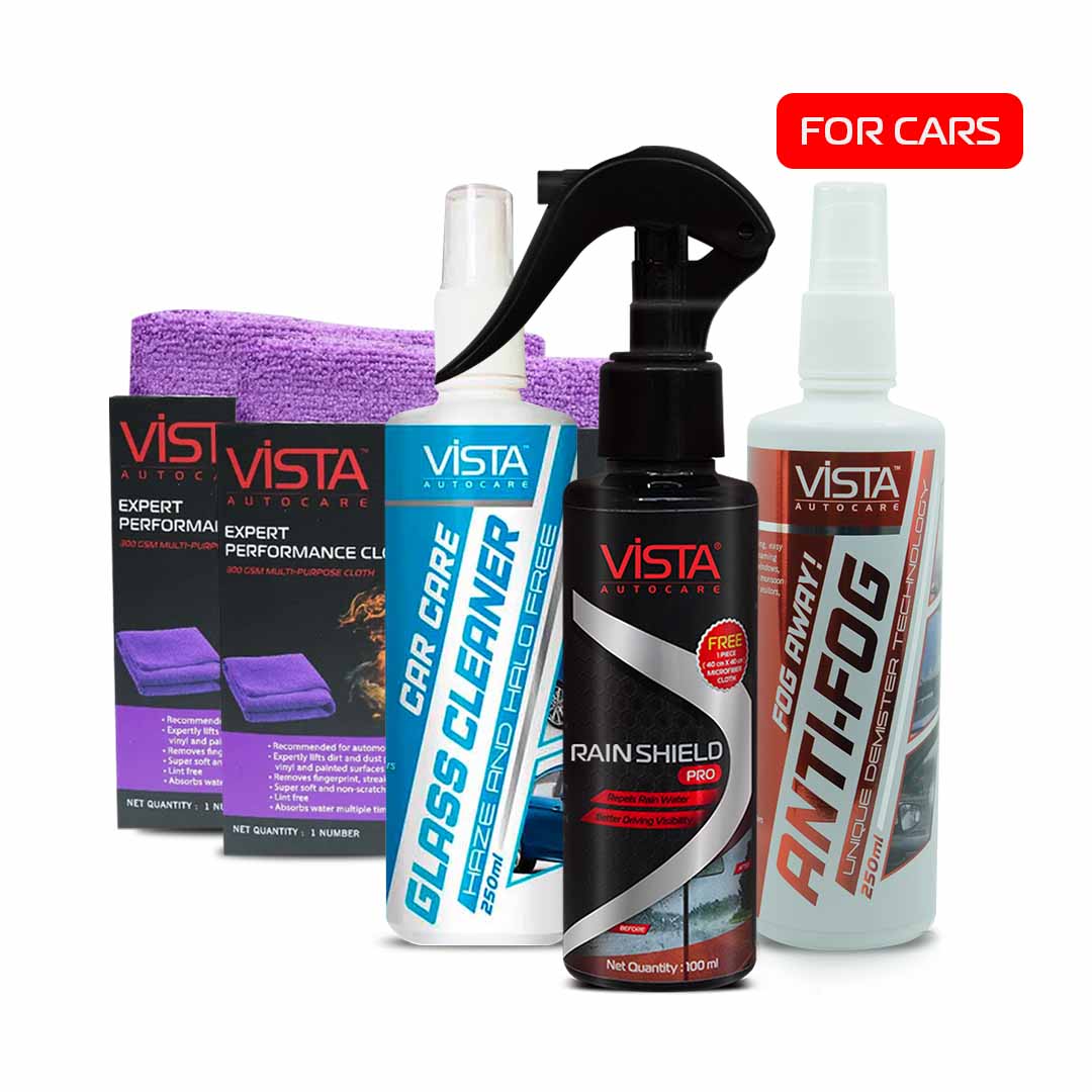 Monsoon Car Kit - CK10 | Pack of 4 Rain & Fog Protection Bundle | Hydrophobic Coating & Clear Vision