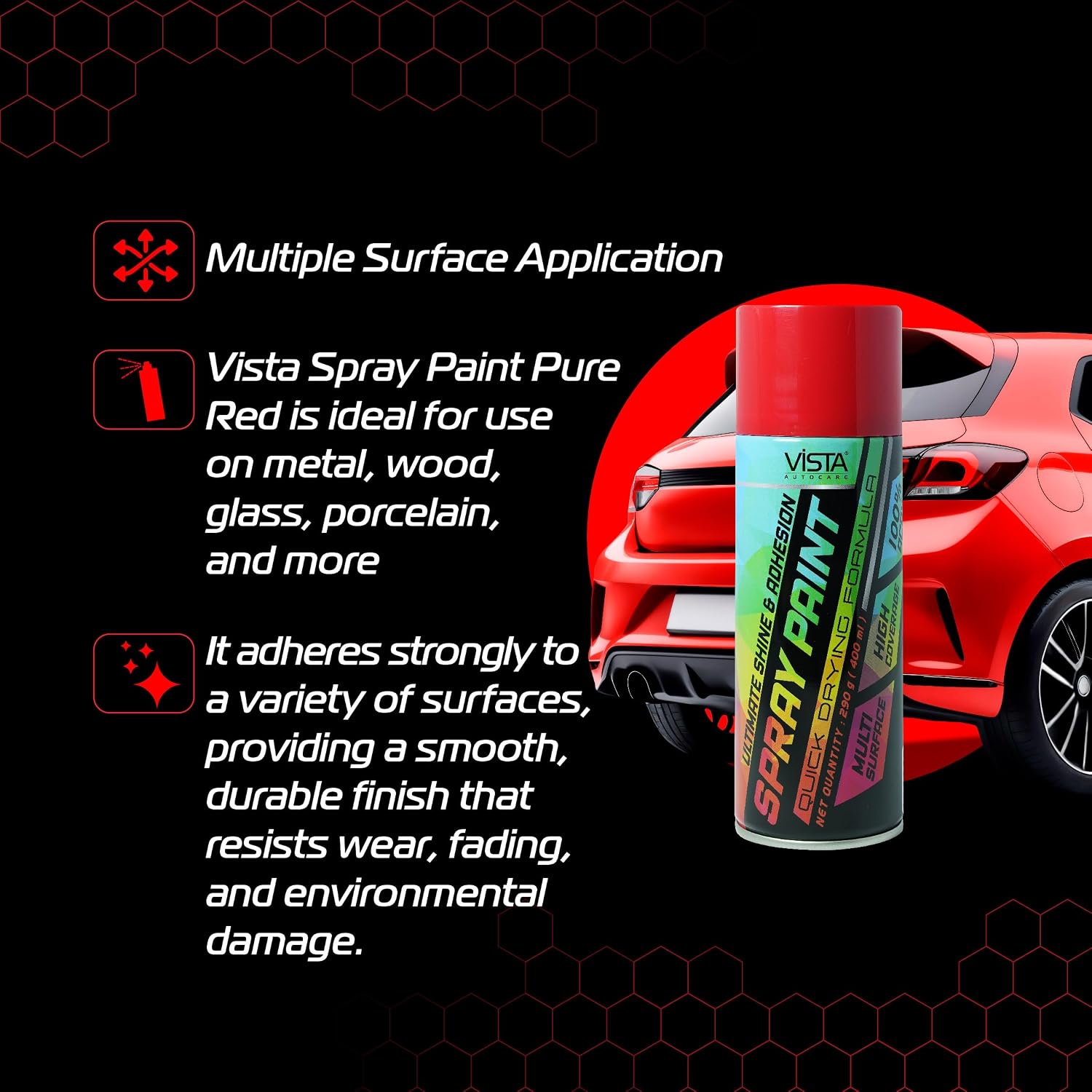 Vista Auto Care DIY Acrylic Spray Paint (Pure Red, 400 ml) | Quick Drying Gloss Finish Aerosol for Metal, Wood & Walls
