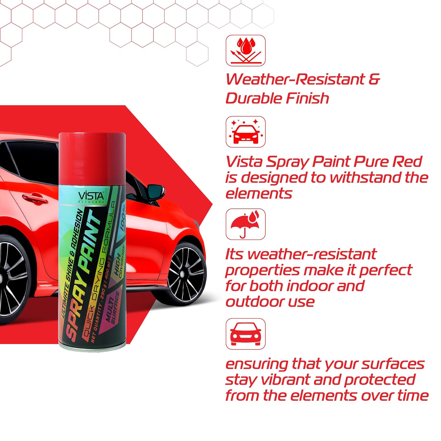 Vista Auto Care DIY Acrylic Spray Paint (Pure Red, 400 ml) | Quick Drying Gloss Finish Aerosol for Metal, Wood & Walls