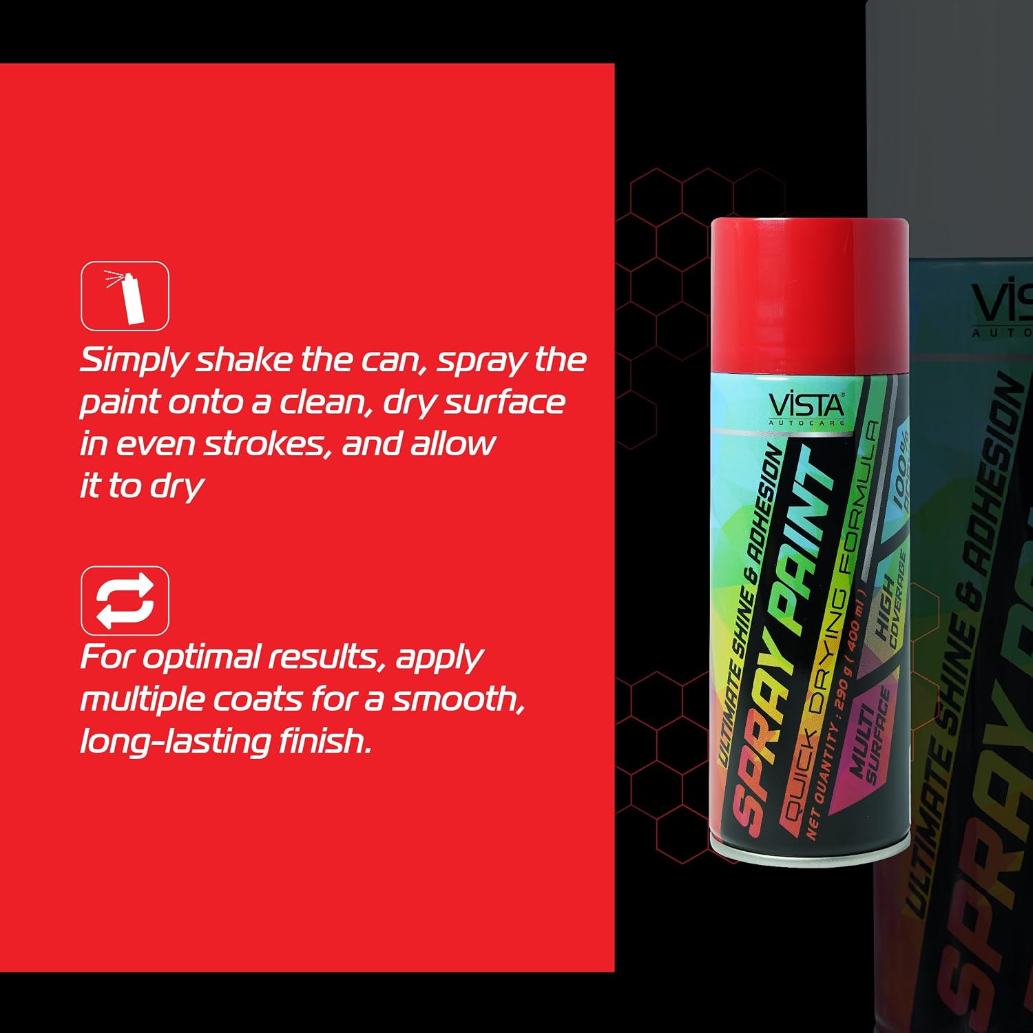 Vista Auto Care DIY Acrylic Spray Paint (Pure Red, 400 ml) | Quick Drying Gloss Finish Aerosol for Metal, Wood & Walls
