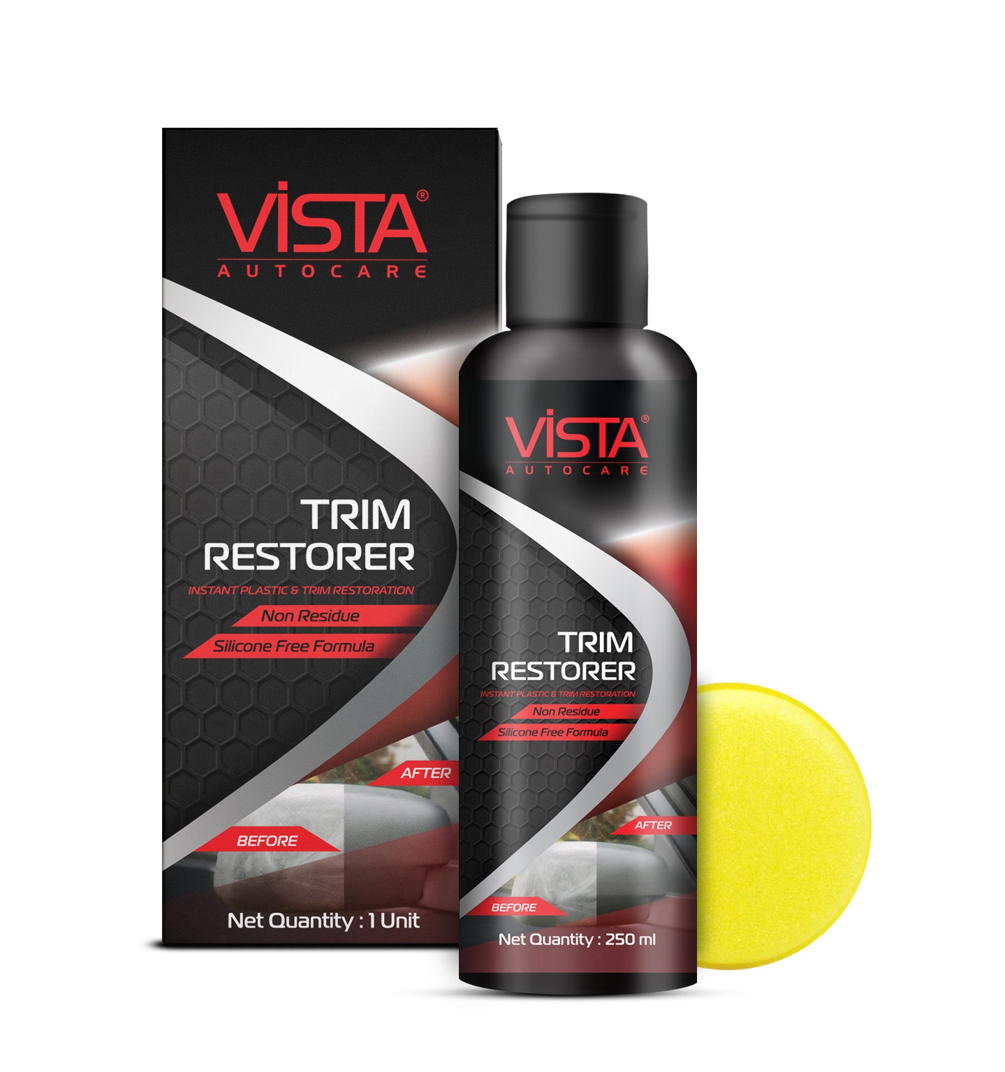 A bottle of Vista Auto Care Trim Restorer in a 250 ml packaging, designed for exterior plastic and vinyl revitalization, displayed alongside an applicator sponge.