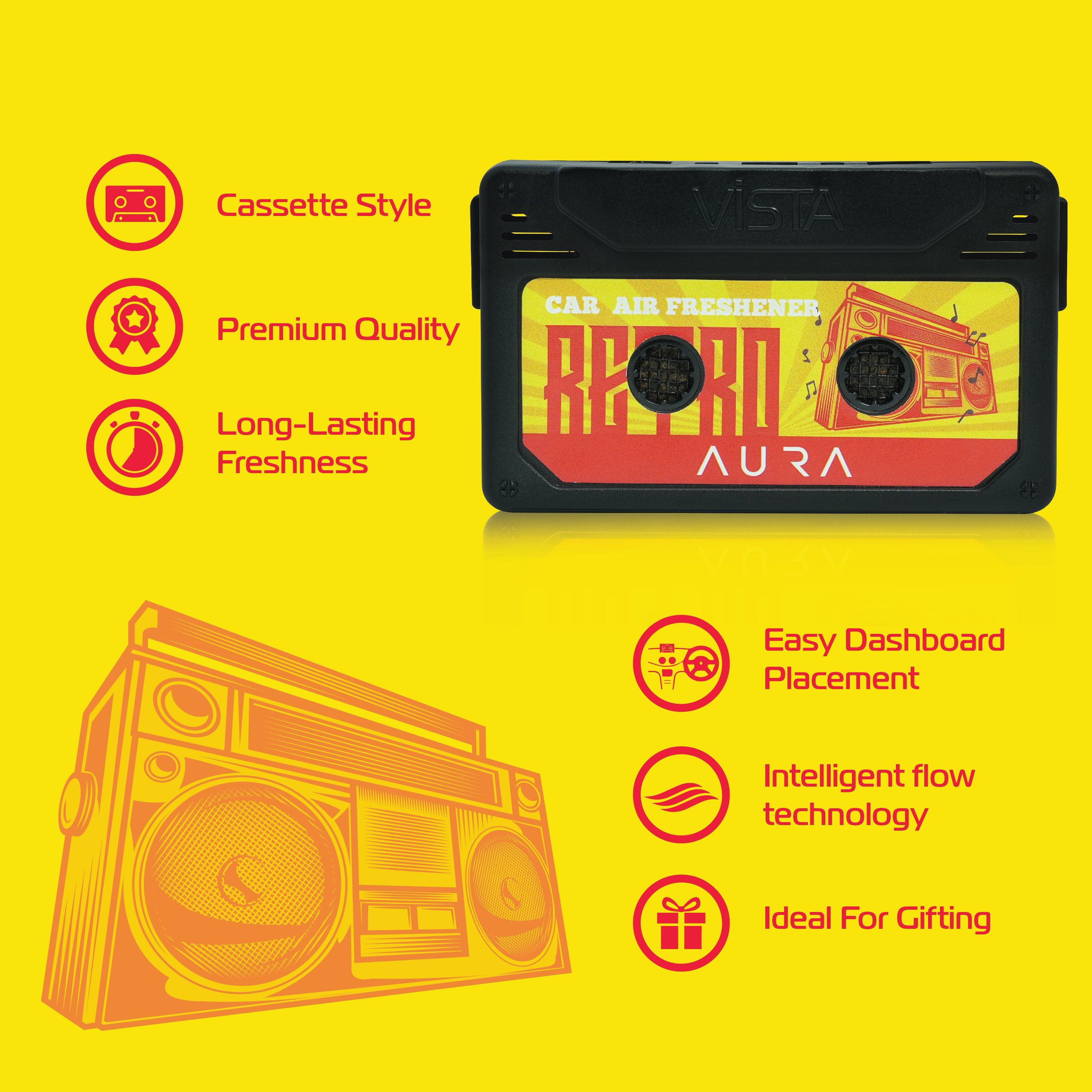 Aura Retro Car Air Freshener – Classic Oudh Cassette Style Dashboard Perfume | Long-Lasting Wooden Block Car Fragrance | Nostalgic Freshness - 26g