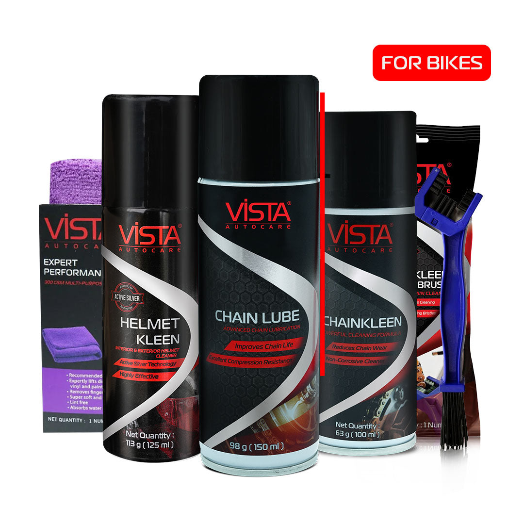 Vista bike care products including chain lube, helmet cleaner, and chain cleaner on a white background.