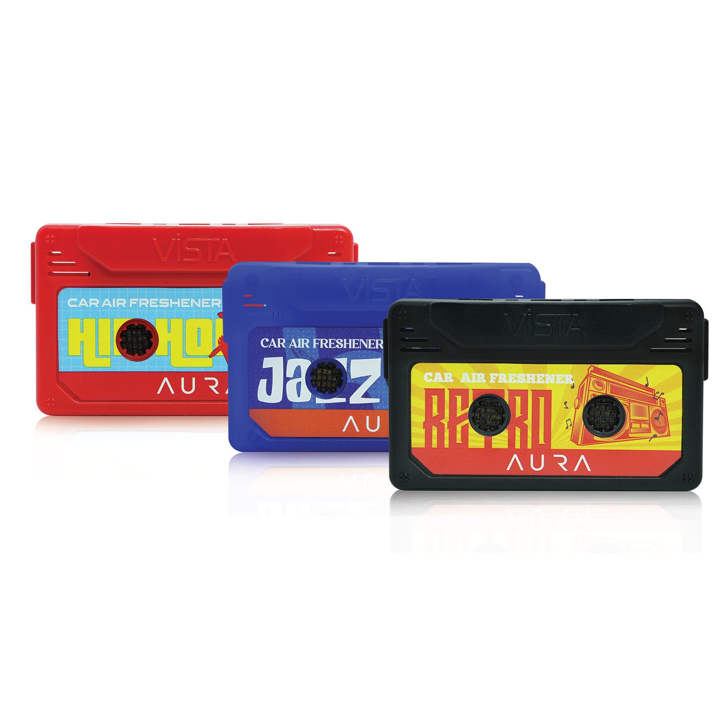 Aura Hip Hop, Retro, Jazz | Pack of 3 Car Air Freshener – Cassette Style Dashboard Perfume | Long-Lasting Wooden Block Car Fragrance | 26g Each