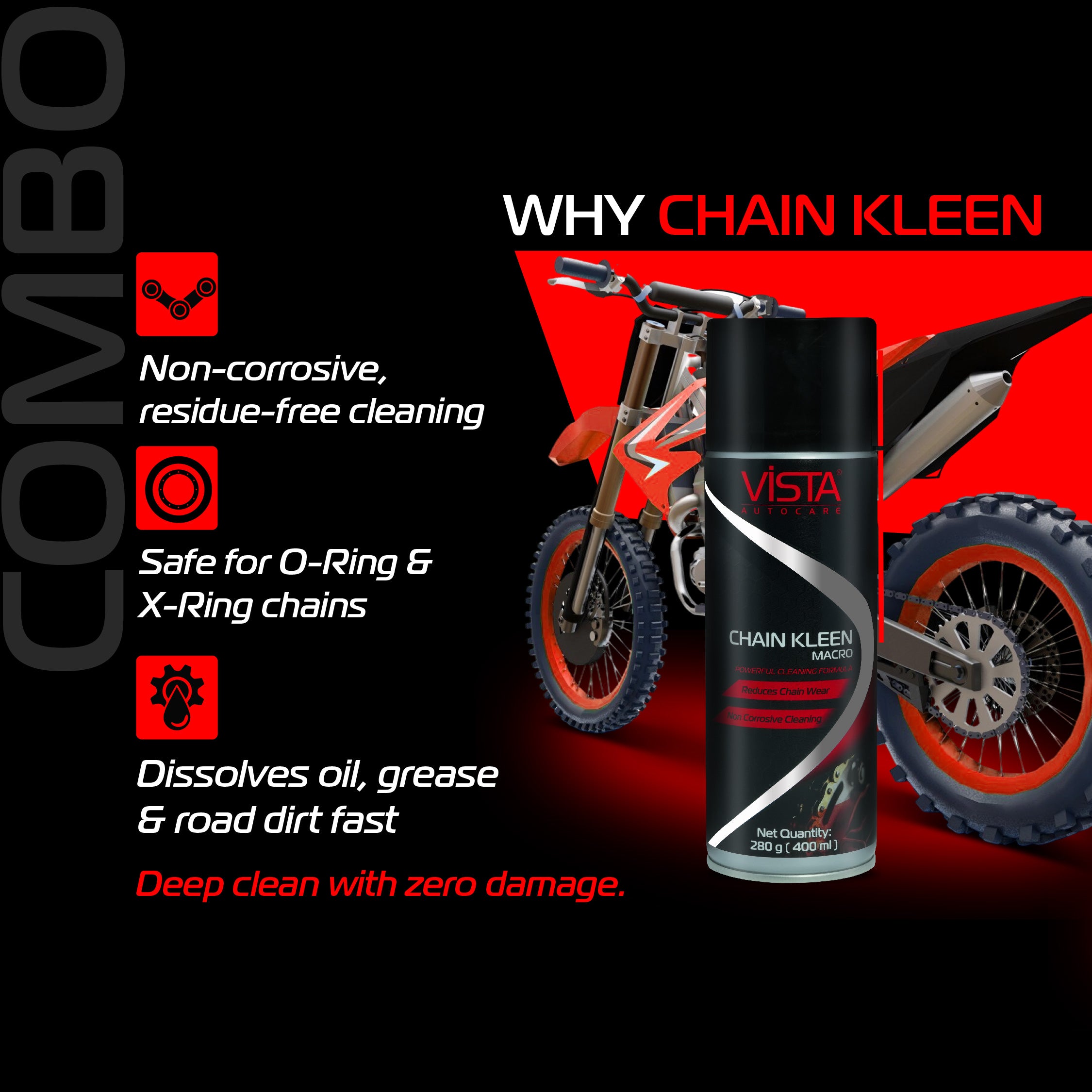 Chain Care Combo Macro | 3 in 1 Professional Bike Chain Maintenance Kit | Chain Lube 500 ml, Chain Kleen 400 ml & Brush