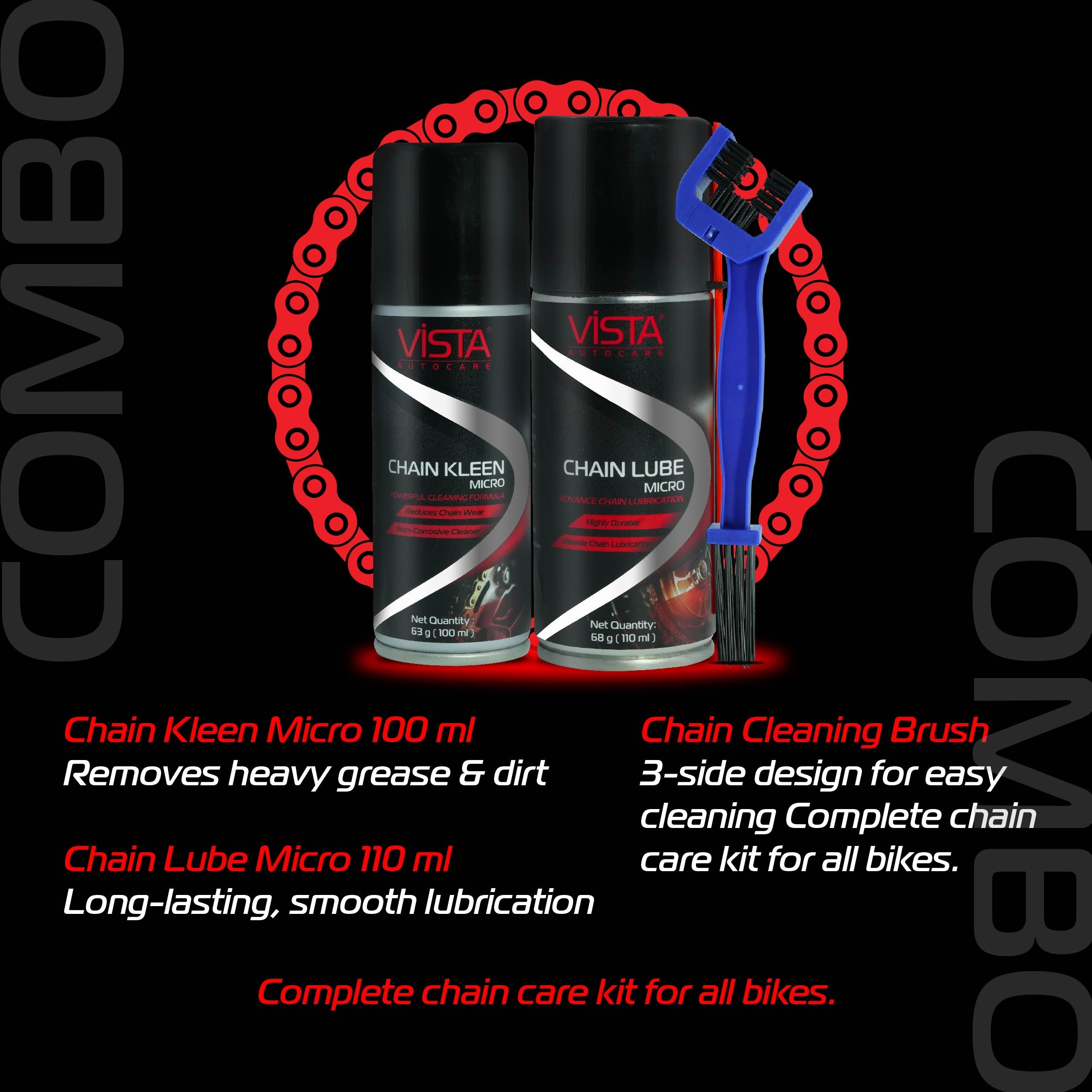Chain Care Combo Micro | 3 in 1 Essential Bike Chain Maintenance Starter Kit | Chain Lube 110 ml, Chain Kleen 100 ml & Brush