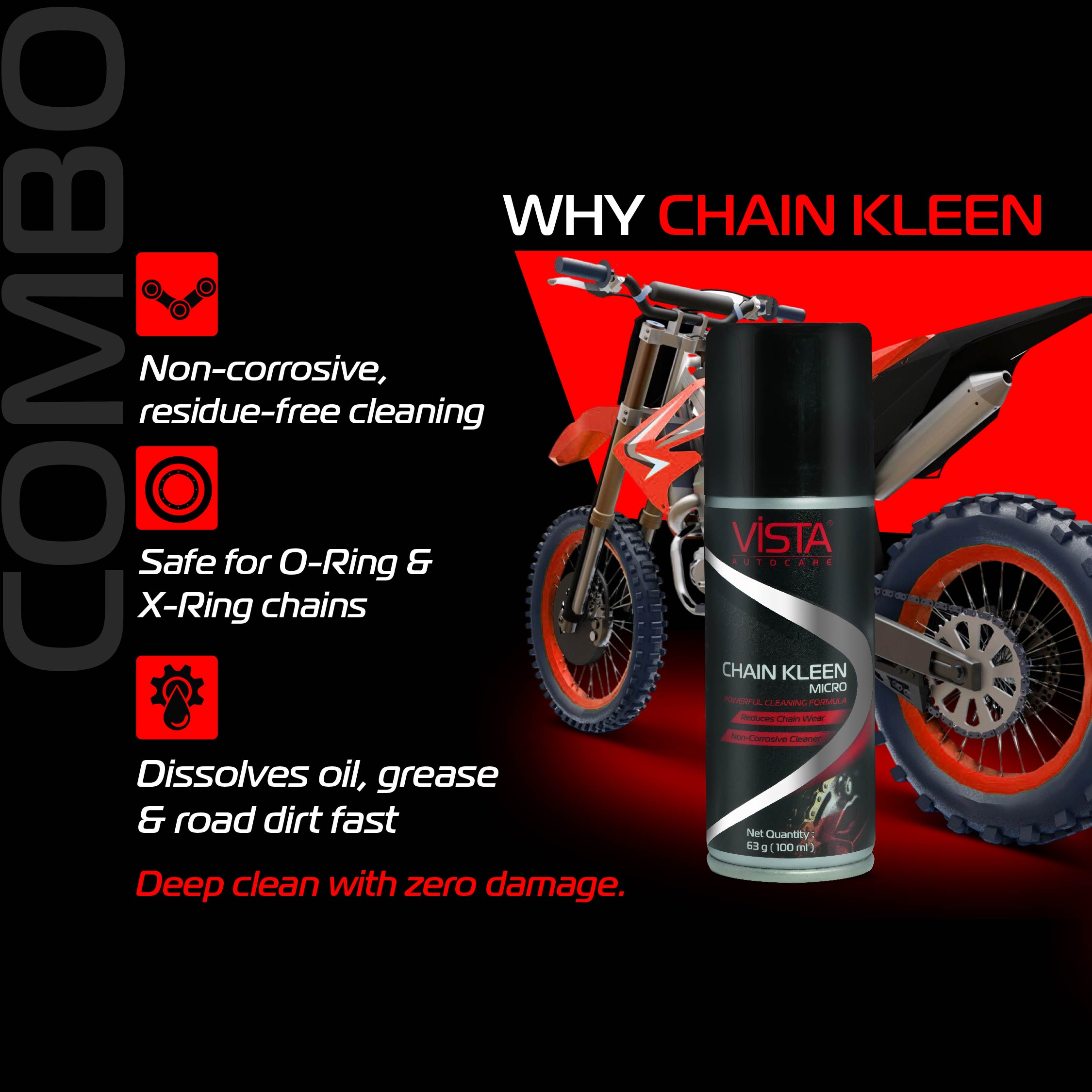 Chain Care Combo Micro | 3 in 1 Essential Bike Chain Maintenance Starter Kit | Chain Lube 110 ml, Chain Kleen 100 ml & Brush