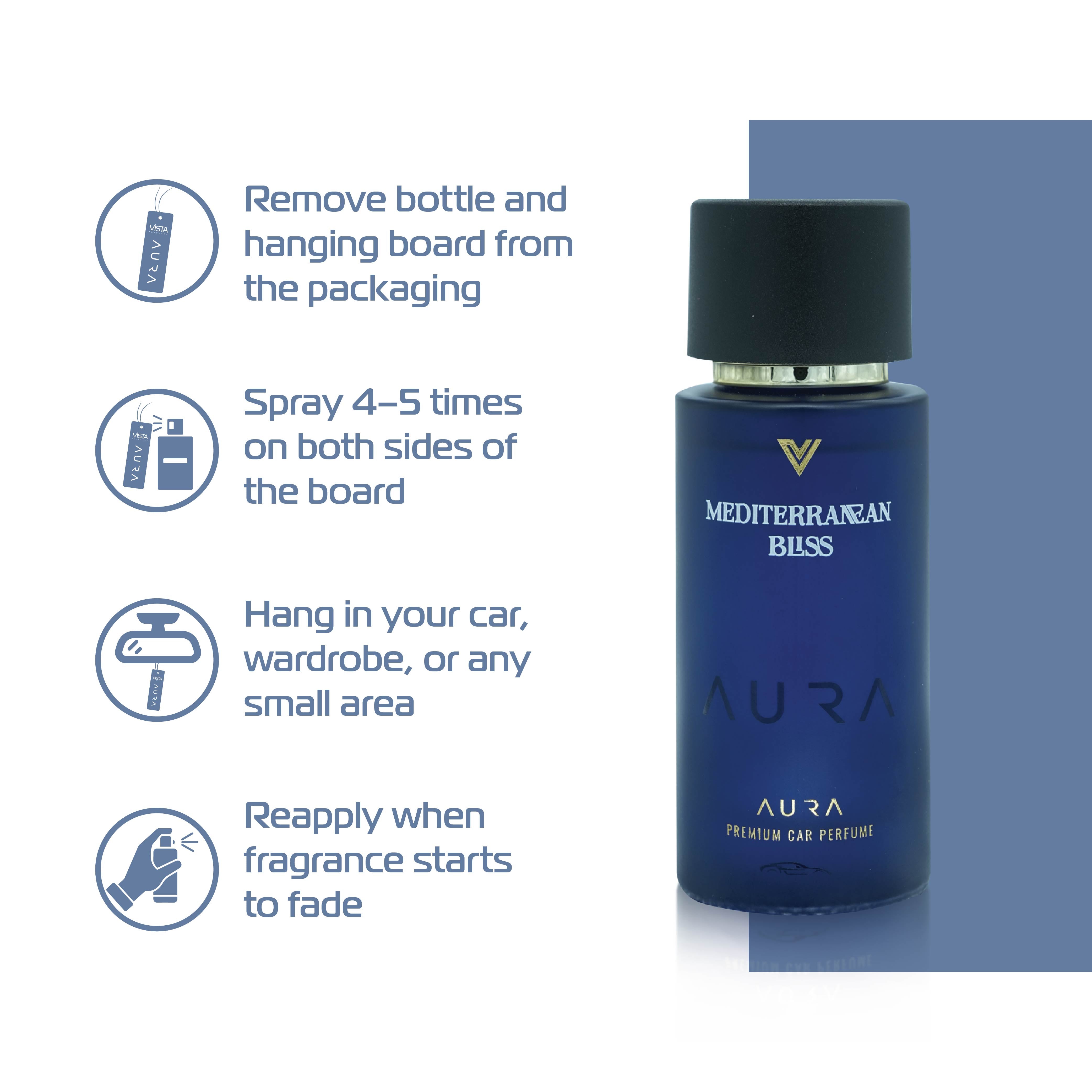 Vista Aura Premium Car Perfume - Mediterranean Bliss 50 ml with 2 Hanging Boards | Long Lasting Car Air Freshener Luxury Perfume | 600+ Sprays | Hanging Freshener