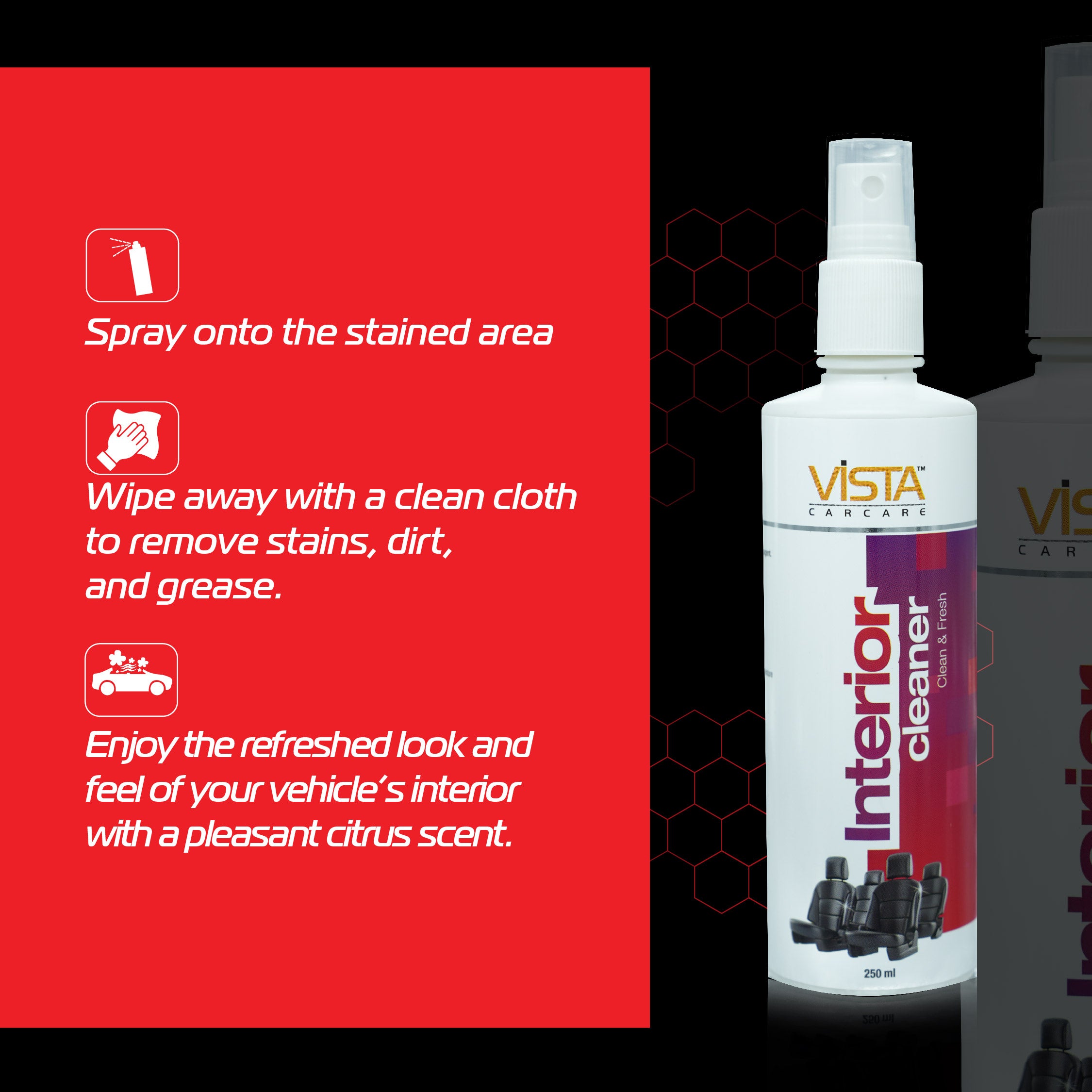 Vista Auto Care Interior Cleaner 250ml | Multi-Surface Stain Remover with Citrus Fragrance