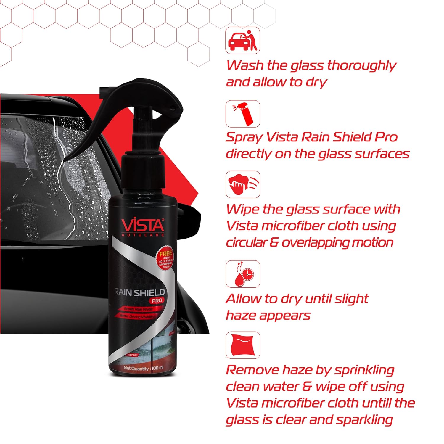 Rain Shield Pro 100ml Car Windshield Water Repellent Coating Spray with Microfiber Cloth | Hydrophobic Glass Coating