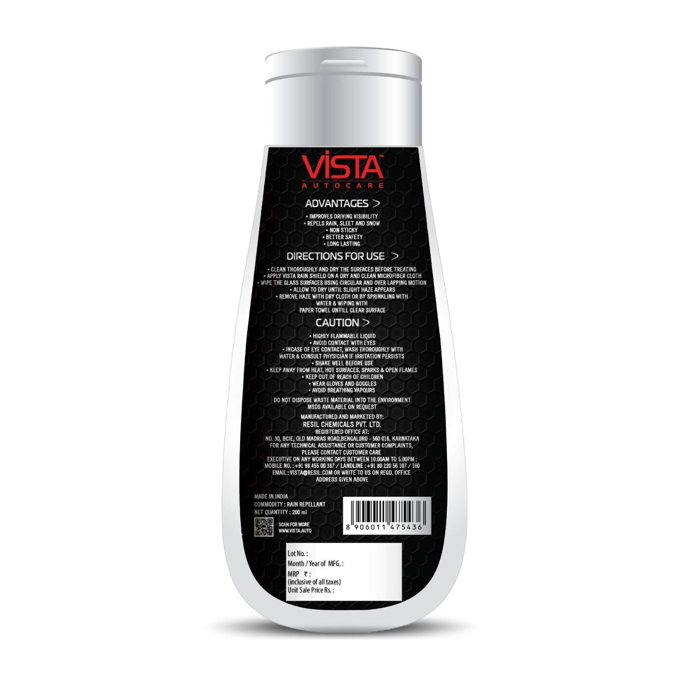 VISTA RAIN SHIELD (200ml) The Vista Rain Shield to repel rain, sleet or snow while driving. It has a non-sticky texture which helps in easy application of the product. Applying this long lasting rain shield on your windshield and windows help in improved visibility and safer driving. Use Vista Rain Shield for better, safer and longer driving during the monsoon season.
