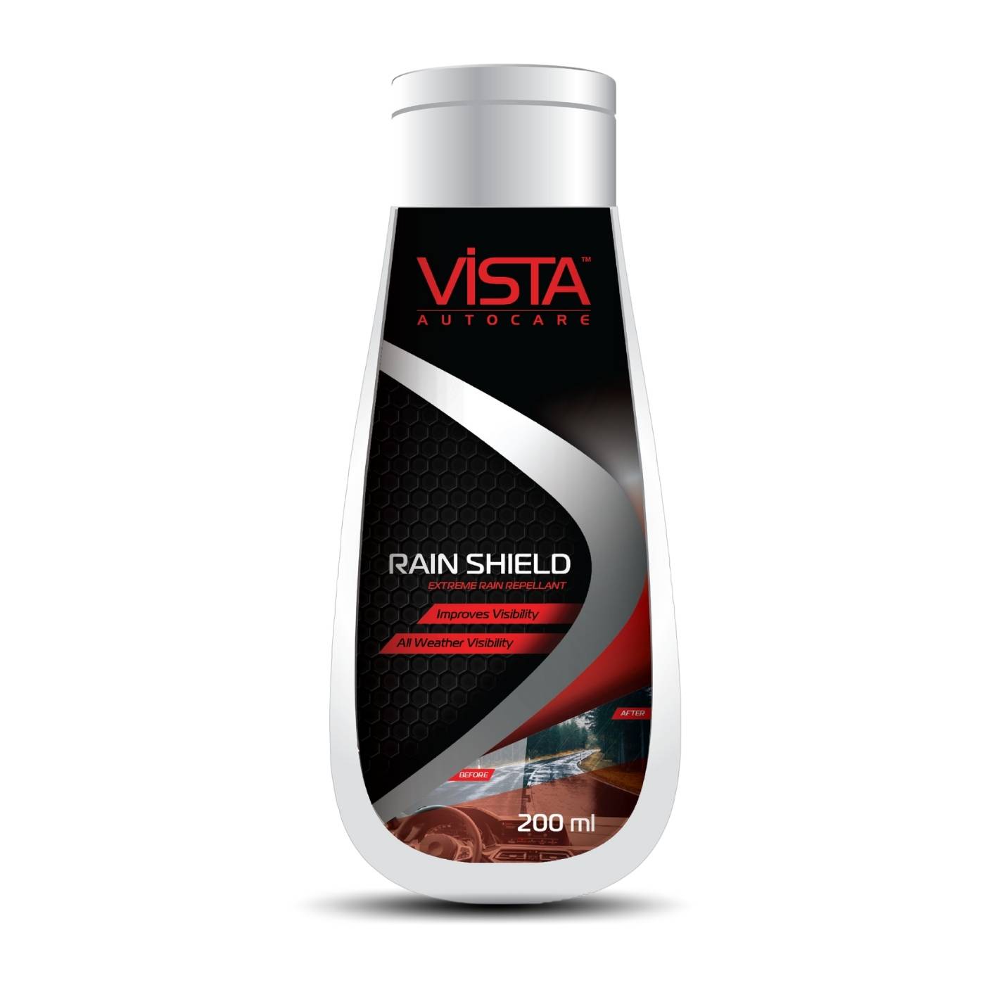 VISTA RAIN SHIELD (200ml) The Vista Rain Shield to repel rain, sleet or snow while driving. It has a non-sticky texture which helps in easy application of the product. Applying this long lasting rain shield on your windshield and windows help in improved visibility and safer driving. Use Vista Rain Shield for better, safer and longer driving during the monsoon season .
