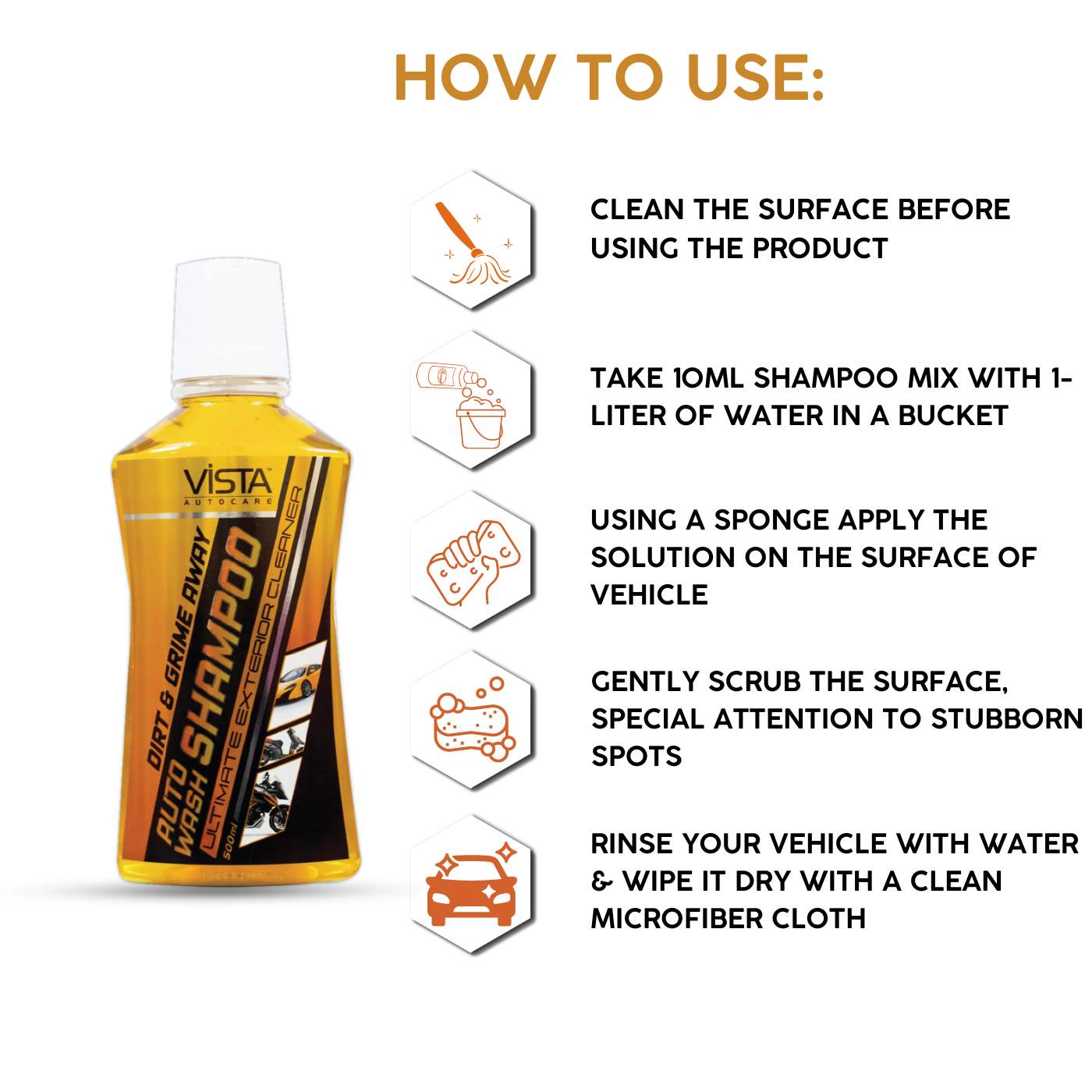 Vista Auto Care Auto Wash Shampoo 500 ml | pH Balanced Formula for a Spotless Shine with Expert Performance Microfiber Cloth HG
