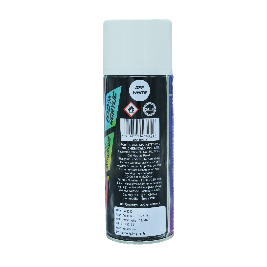 Vista Auto Care Spray Paint 400 ml (290 g) Quick Drying with Gloss finish for Metal, Wood, Walls | DIY Acrylic Spray Paint (Off White)