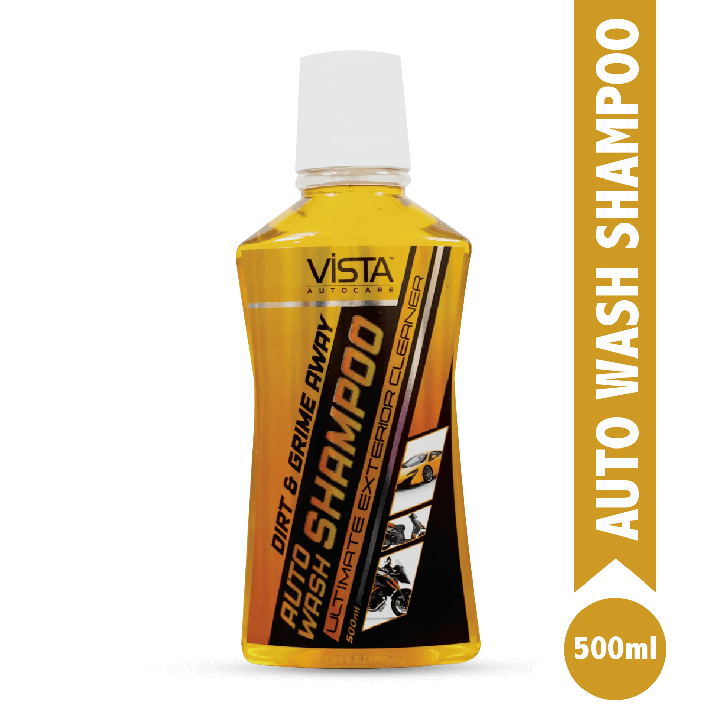 A bottle of Vista Auto Wash Shampoo with a yellow label, designed for car and bike cleaning. The bottle is 500 ml and has text detailing the product's use and features.