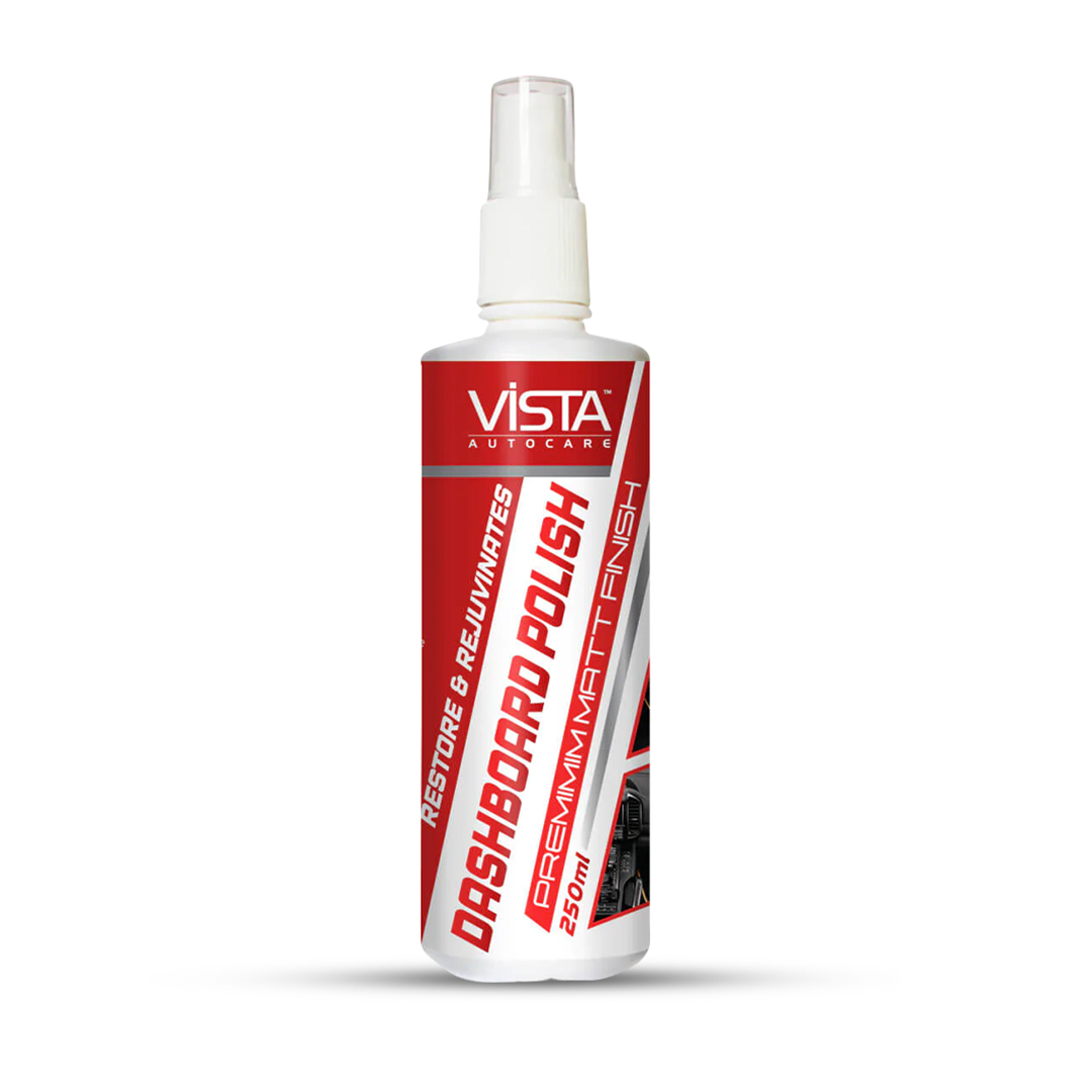 A bottle of Vista Dashboard Polish with a white spray nozzle, labeled for use on vehicle dashboards, with a red and black color scheme.