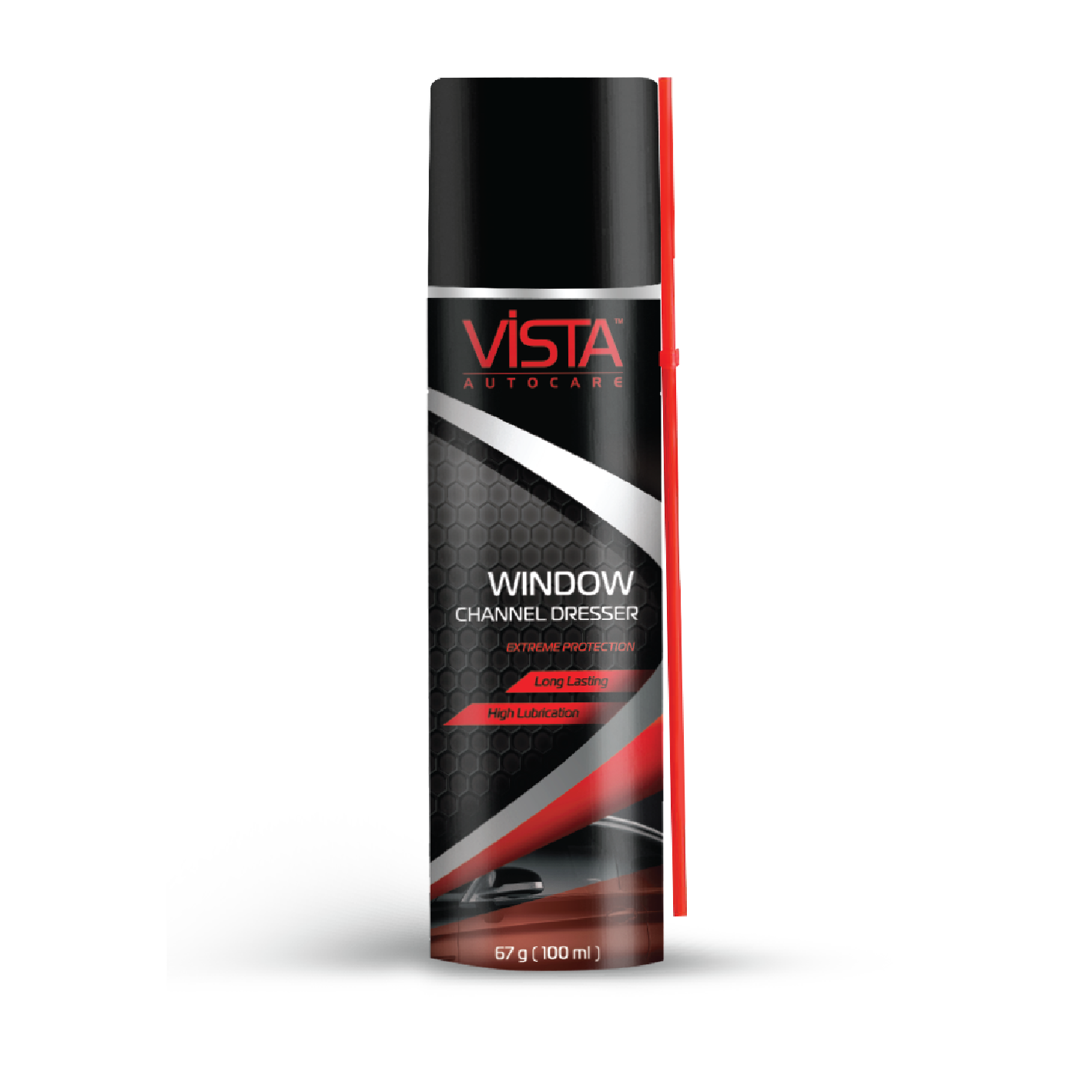 A can of VISTA WINDOW CHANNEL DRESSER in black and red packaging, designed for lubricating vehicle window tracks.