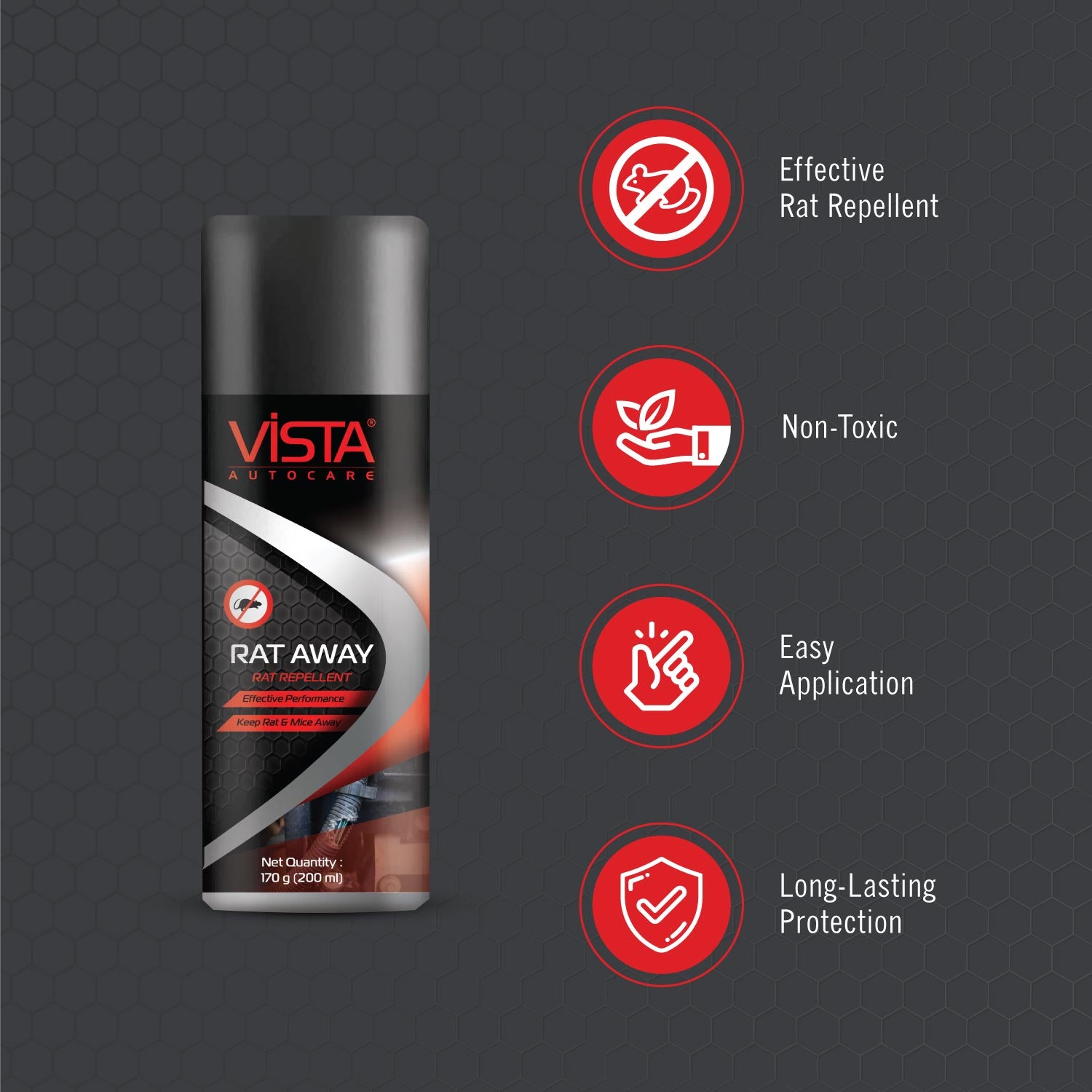 Are you curious about how to keep rats away from cars? Ensure complete protection from rats and mice damage to the engine cables, wires, wiring harness, and pipes of your car with the cruelty-free formulation of Vista Rat Away. A super effective way to repel rats, it sticks to all surfaces of the car and starts performing instantly.