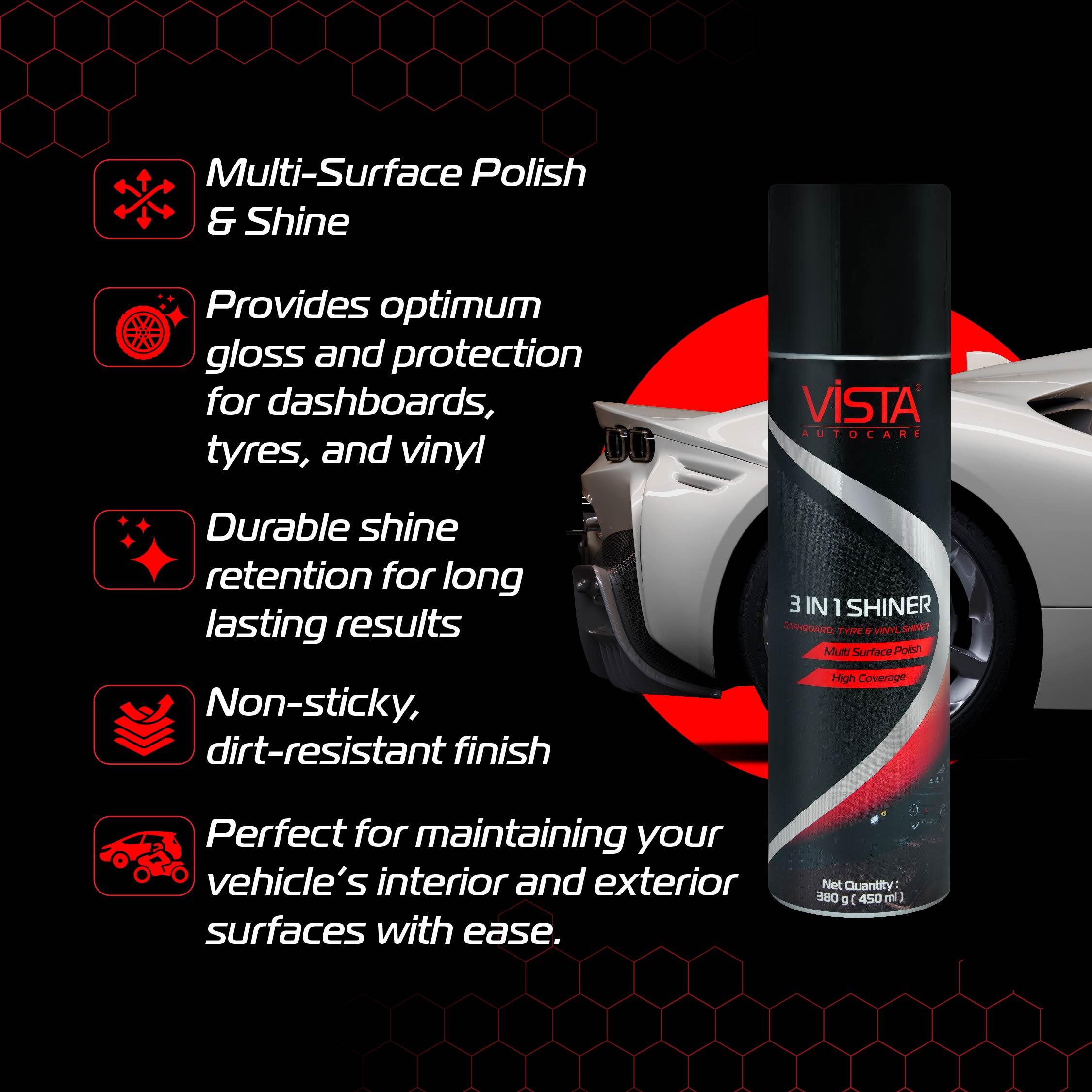 3 in 1 Shiner 450 ml | Foam-Based Dashboard, Tyre, Vinyl & Bumper Polish | Multi-Surface Car Shine Spray