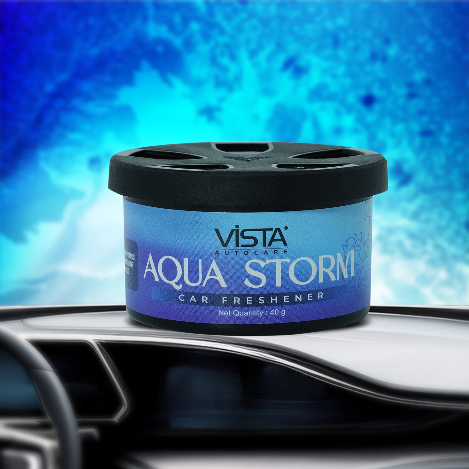 Vista Auto Care | Car Air Freshener – 40 g, Wooden Fiber, Long-Lasting & Refreshing Fragrance to Freshen Up Your Car – Odor Eliminator & Car Accessories (AURA AQUA STORM)