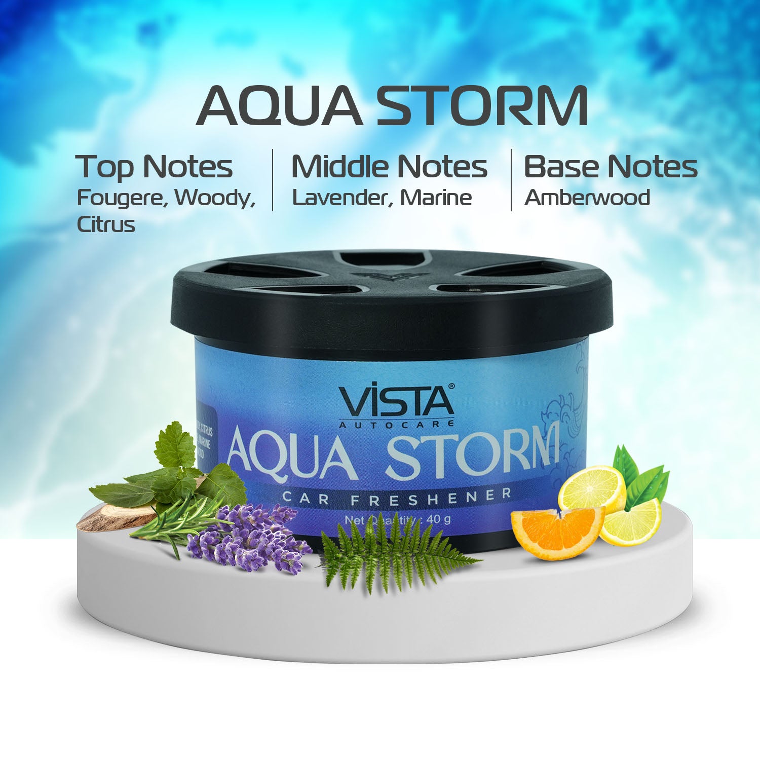 Aura Aqua Storm Car Air Freshener 40 g, Wooden Fiber, Long-Lasting & Refreshing Fragrance to Freshen Up Your Car - Odor Eliminator & Car Accessories