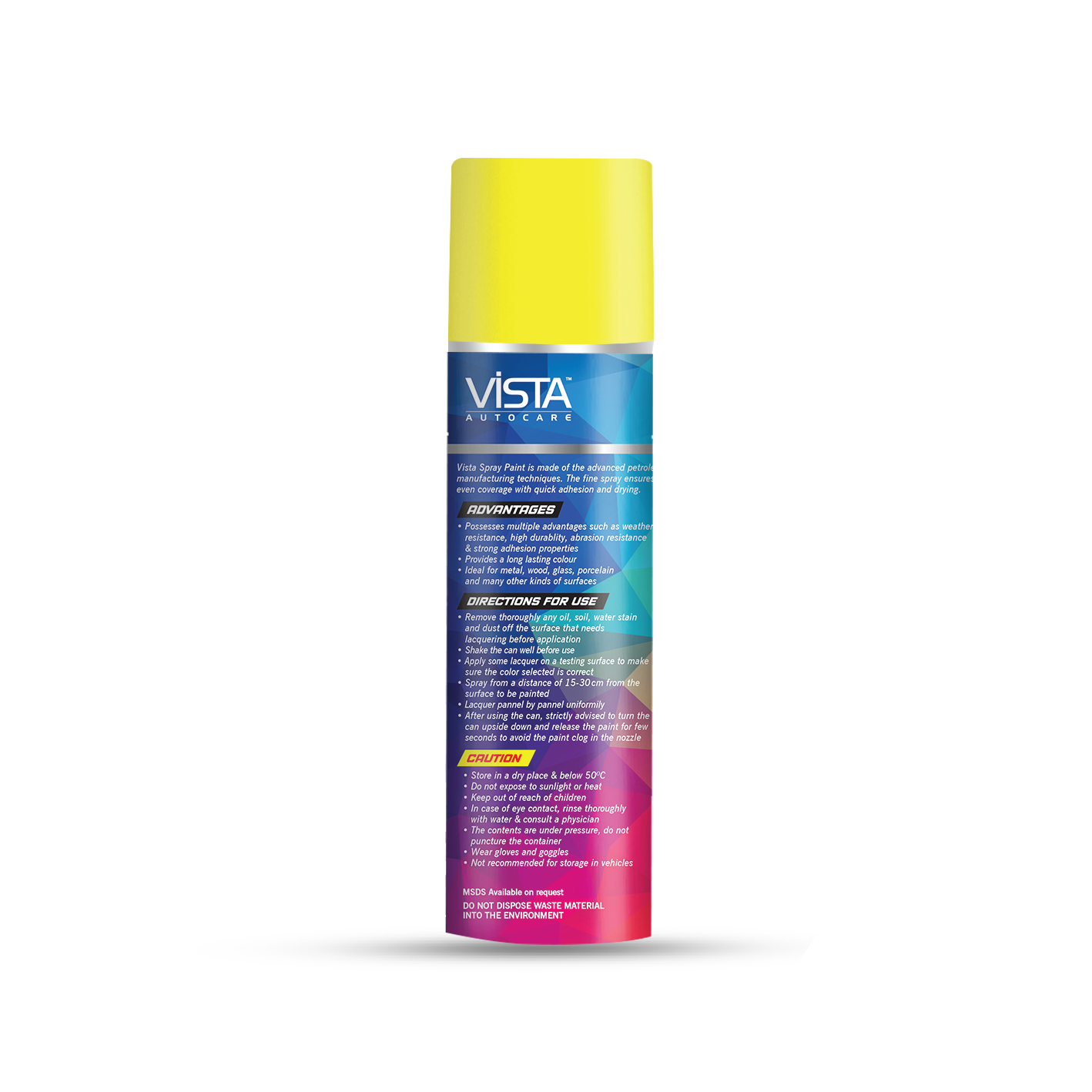 Vista Spray Paint is made of the advanced petroleum manufacturing techniques. The fine spray ensures good coverage with strong adhesion and quick drying.