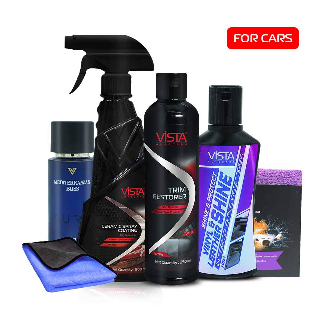 Car Interior & Exterior Shiner Kit - Premium | 6-Piece Ceramic Protection & Shine Restoration Bundle with Premium Perfume