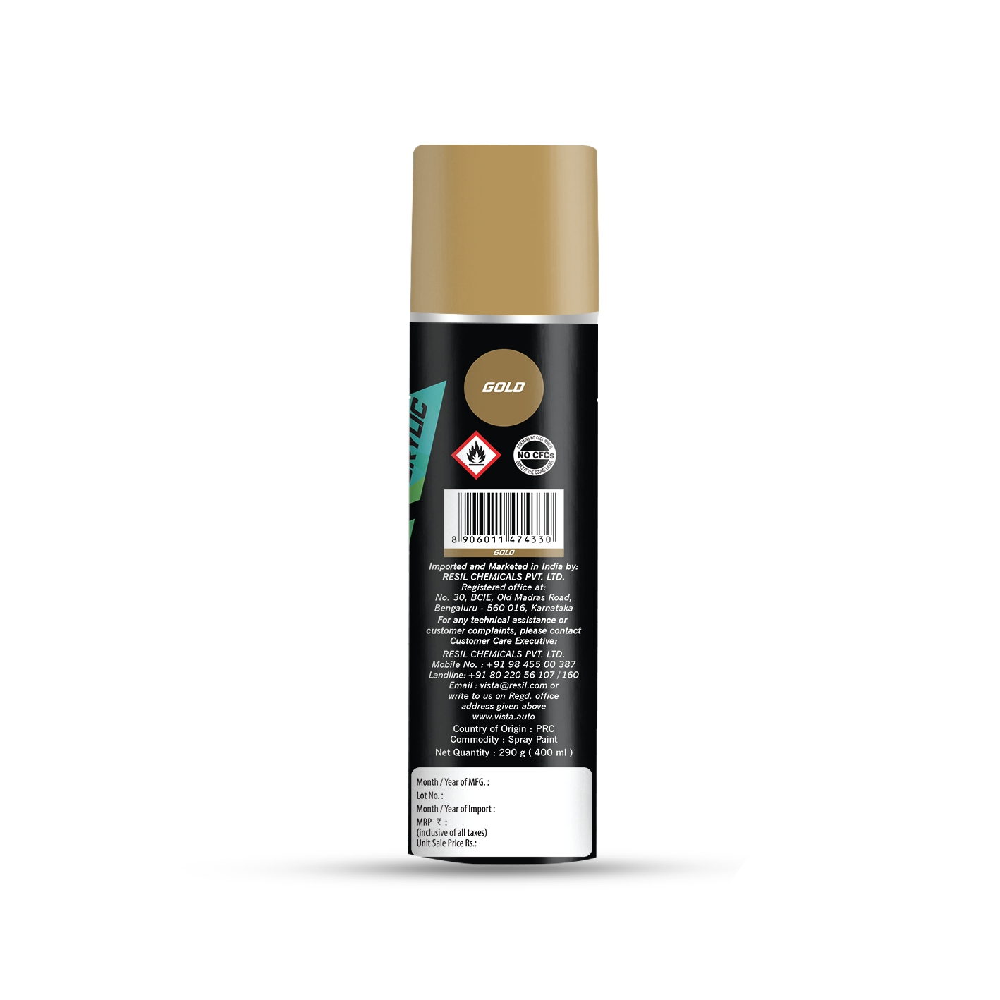 VISTA SPRAY PAINT GOLD 400 ml (290 g) | Quick Drying with Gloss finish for Metal, Wood, Walls | Acrylic SprayPaints