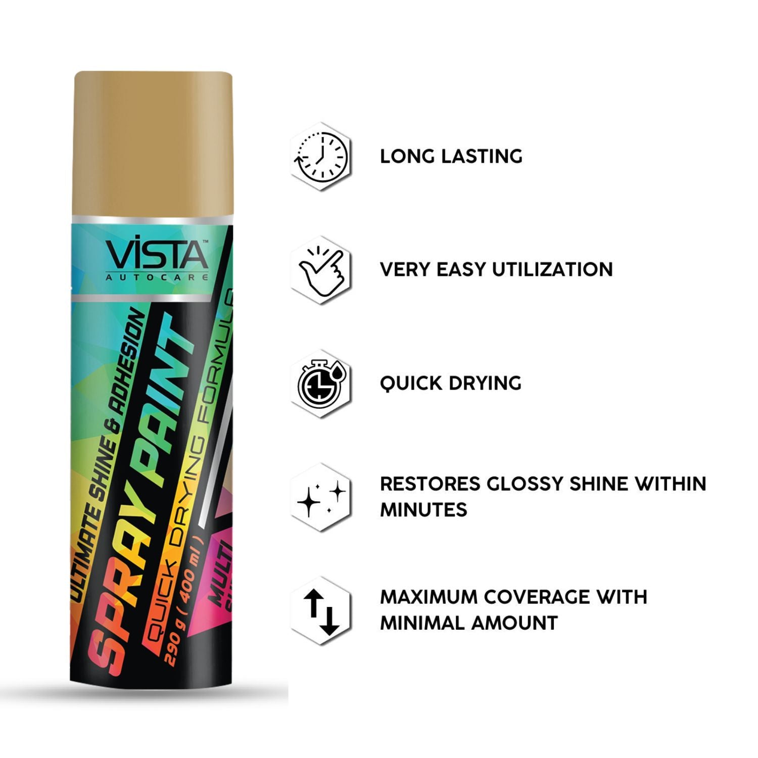 VISTA SPRAY PAINT GOLD 400 ml (290 g) | Quick Drying with Gloss finish for Metal, Wood, Walls | Acrylic SprayPaints