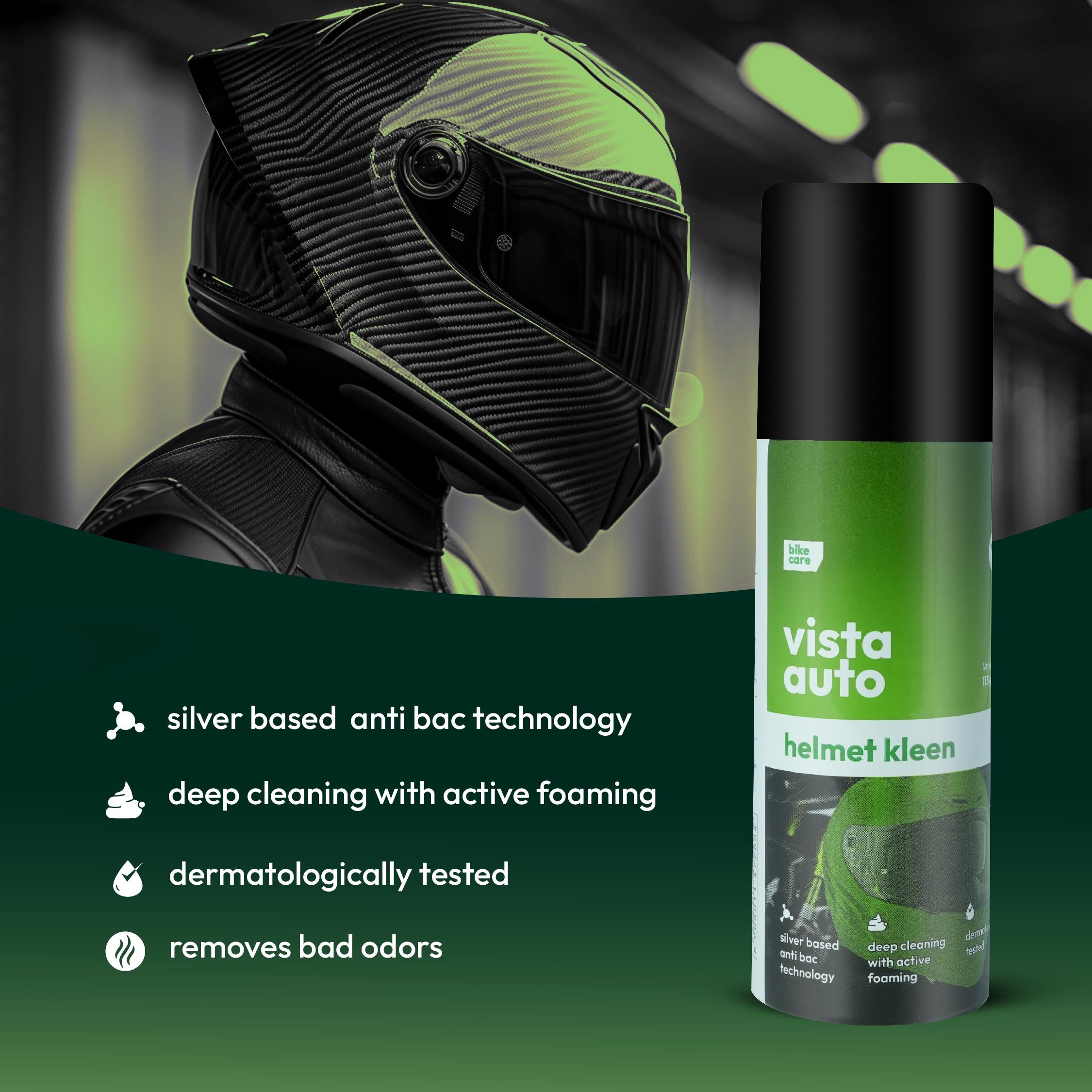 Helmet Cleaner Combo | Helmet Kleen Spray 125ml + Microfiber Cloth | Silver-Based Antibacterial | Deep Foam Cleaning | Streak & Lint-Free Finish | Dermatologically Tested